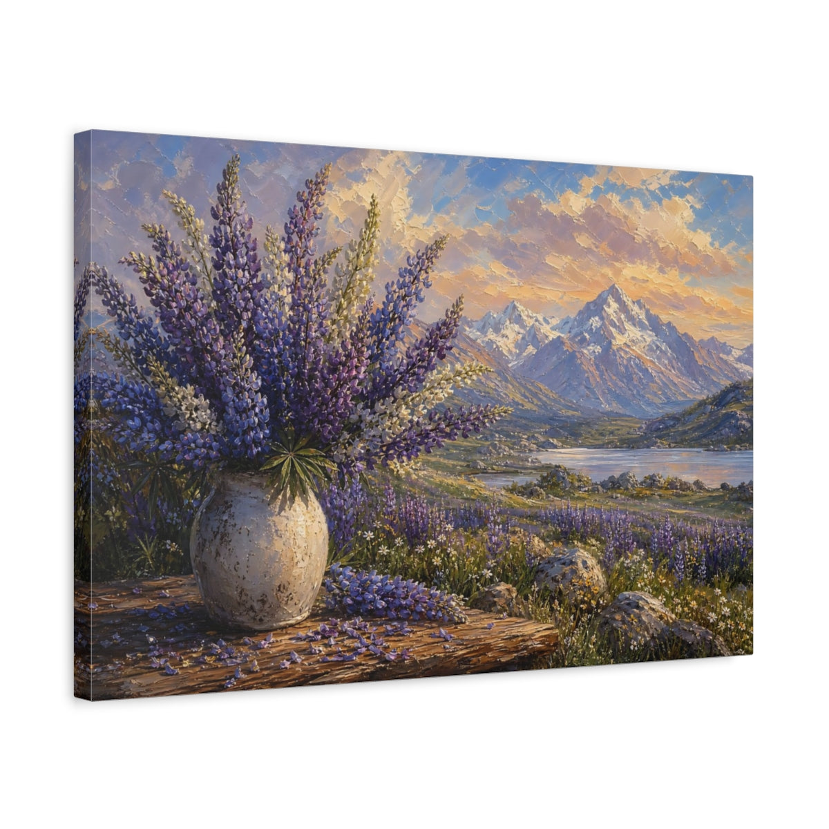 Side Mockup 3. Expressive Impasto Painting Mountain Lupines Across Alpine Meadow Beside Fallen Petals shown as stretched canvas wall art