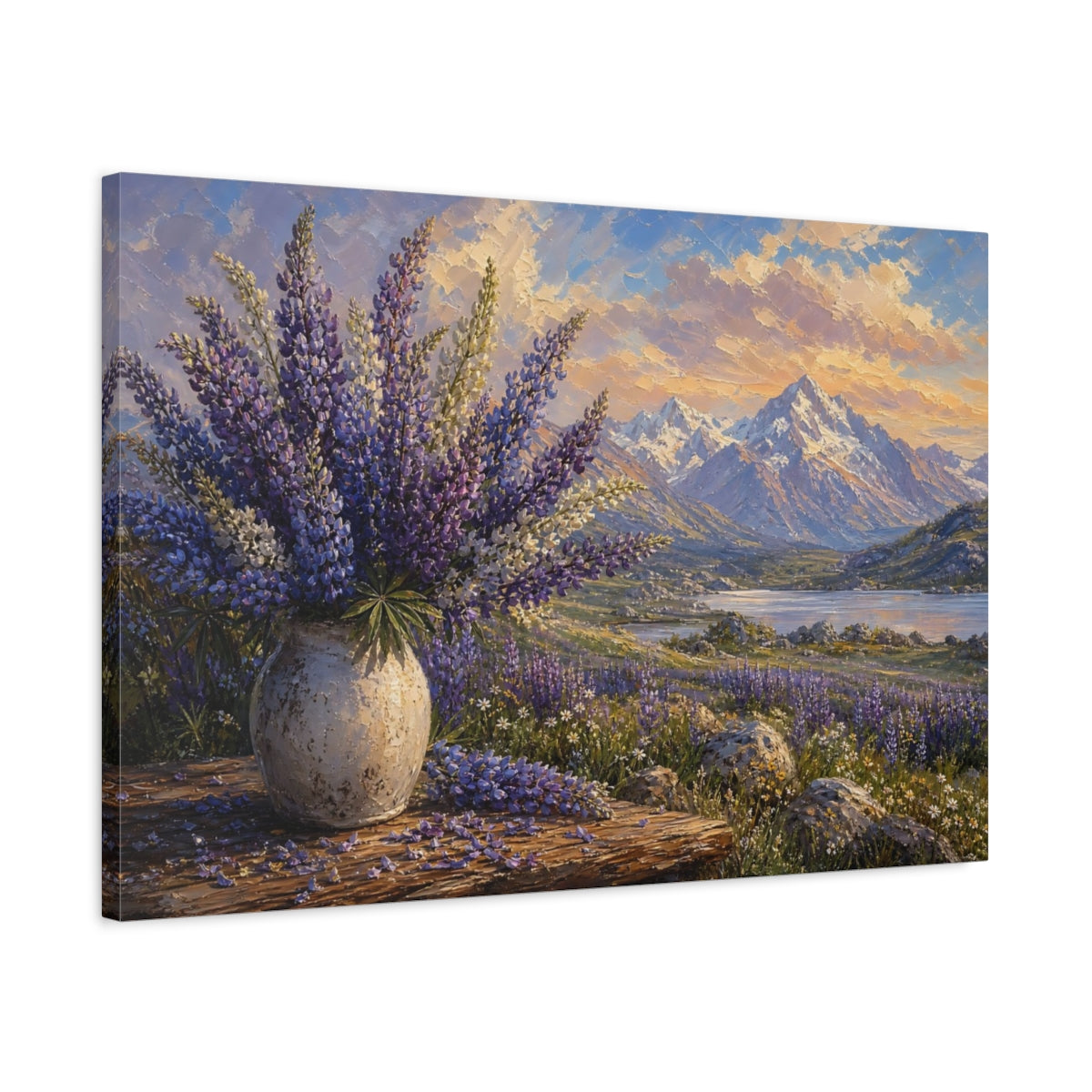 Side Mockup 2. Expressive Impasto Painting Mountain Lupines Across Alpine Meadow Beside Fallen Petals shown as stretched canvas wall art