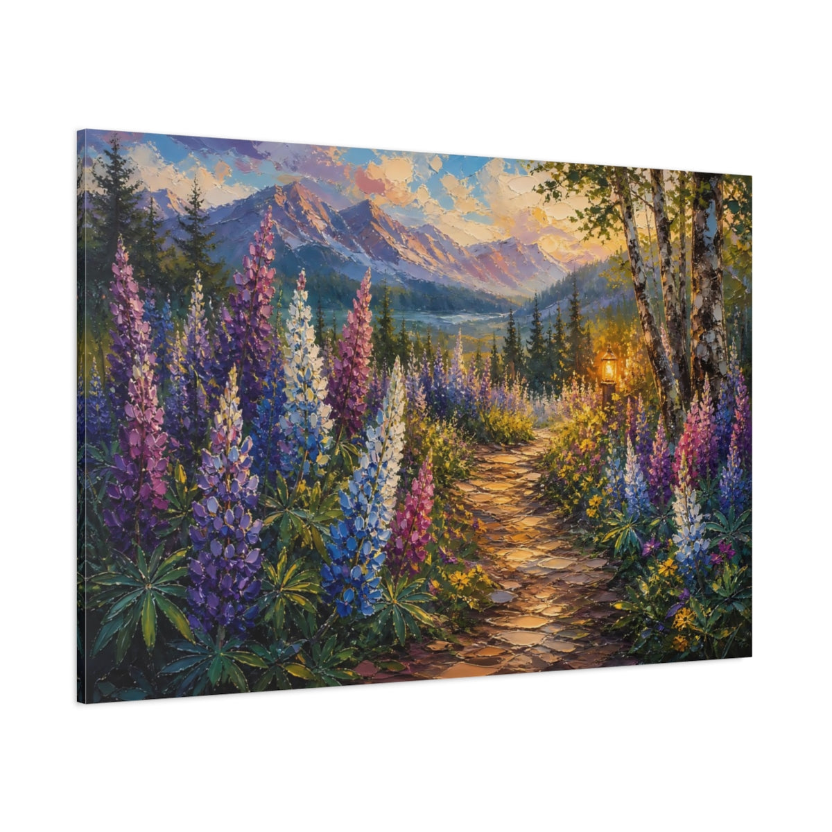 Side Mockup 1. Expressive Impasto Painting Mountain Lupines Along Woodland Path Near Candle Glow shown as stretched canvas wall art