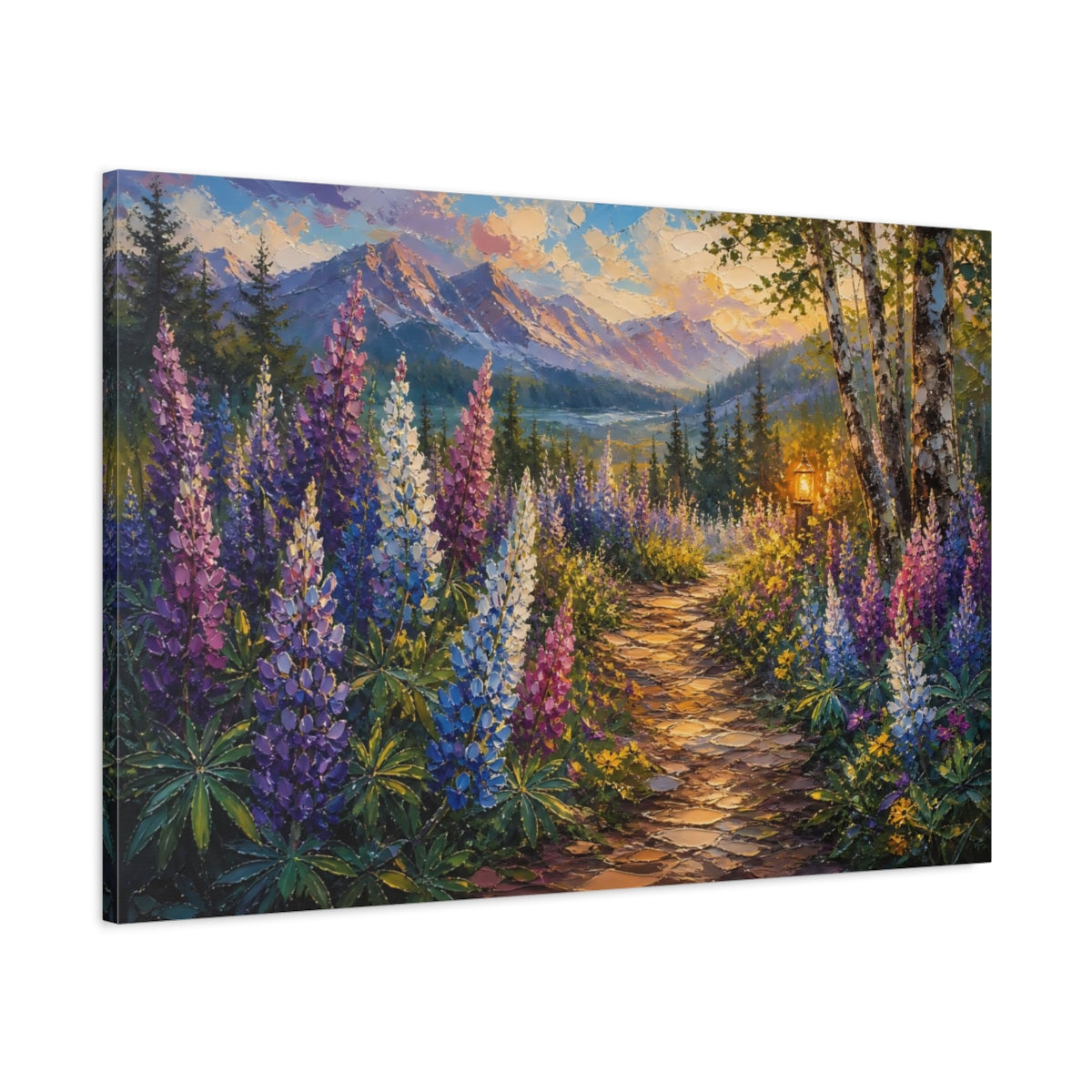 Main Mockup. Expressive Impasto Painting Mountain Lupines Along Woodland Path Near Candle Glow shown as stretched canvas wall art