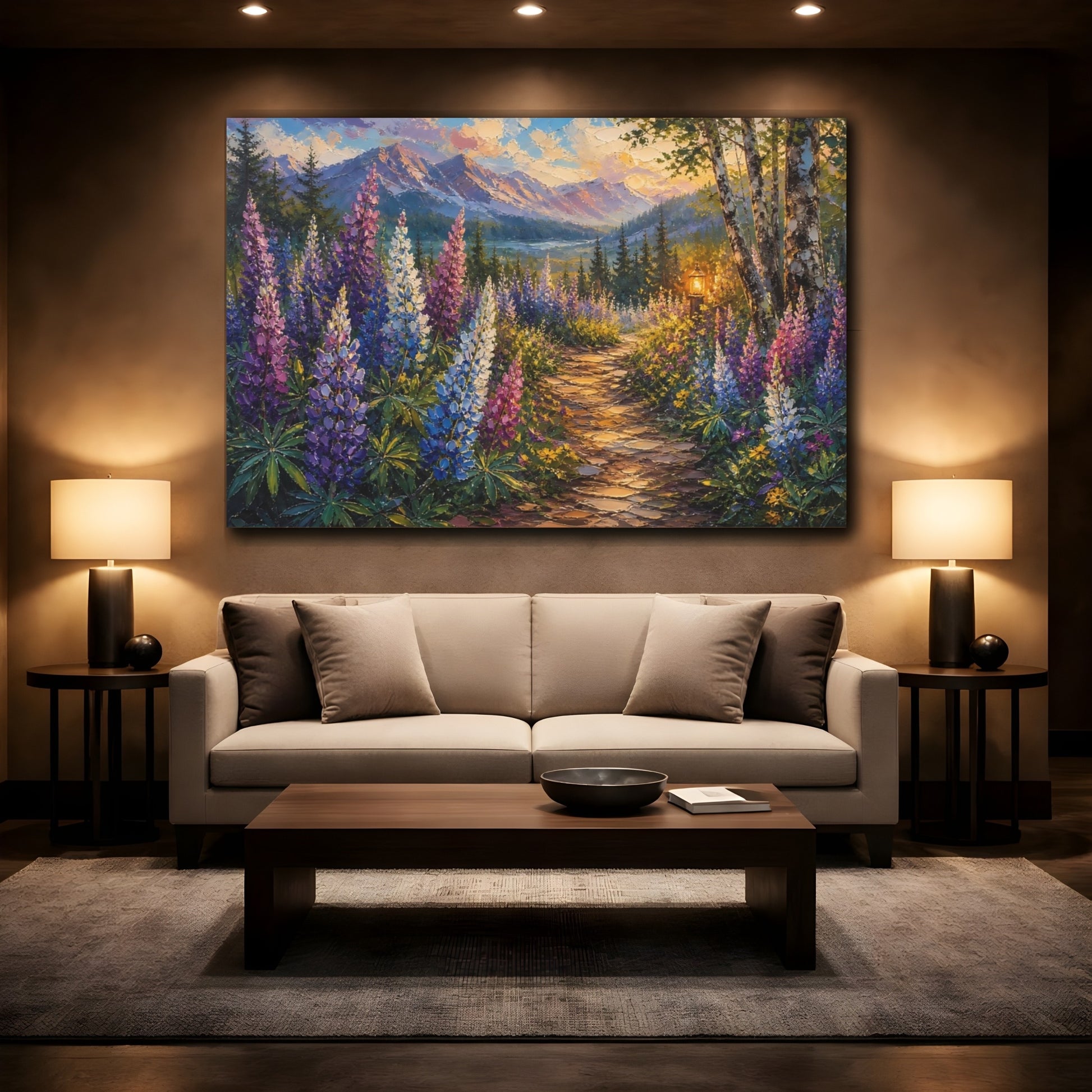 Mockup 2. Expressive Impasto Painting Mountain Lupines Along Woodland Path Near Candle Glow shown as stretched canvas wall art