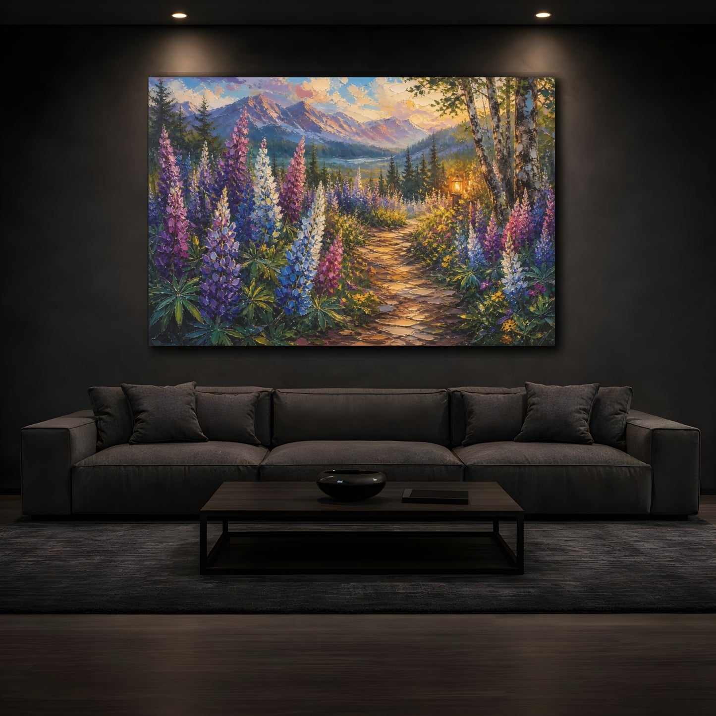 Mockup 3. Expressive Impasto Painting Mountain Lupines Along Woodland Path Near Candle Glow shown as stretched canvas wall art