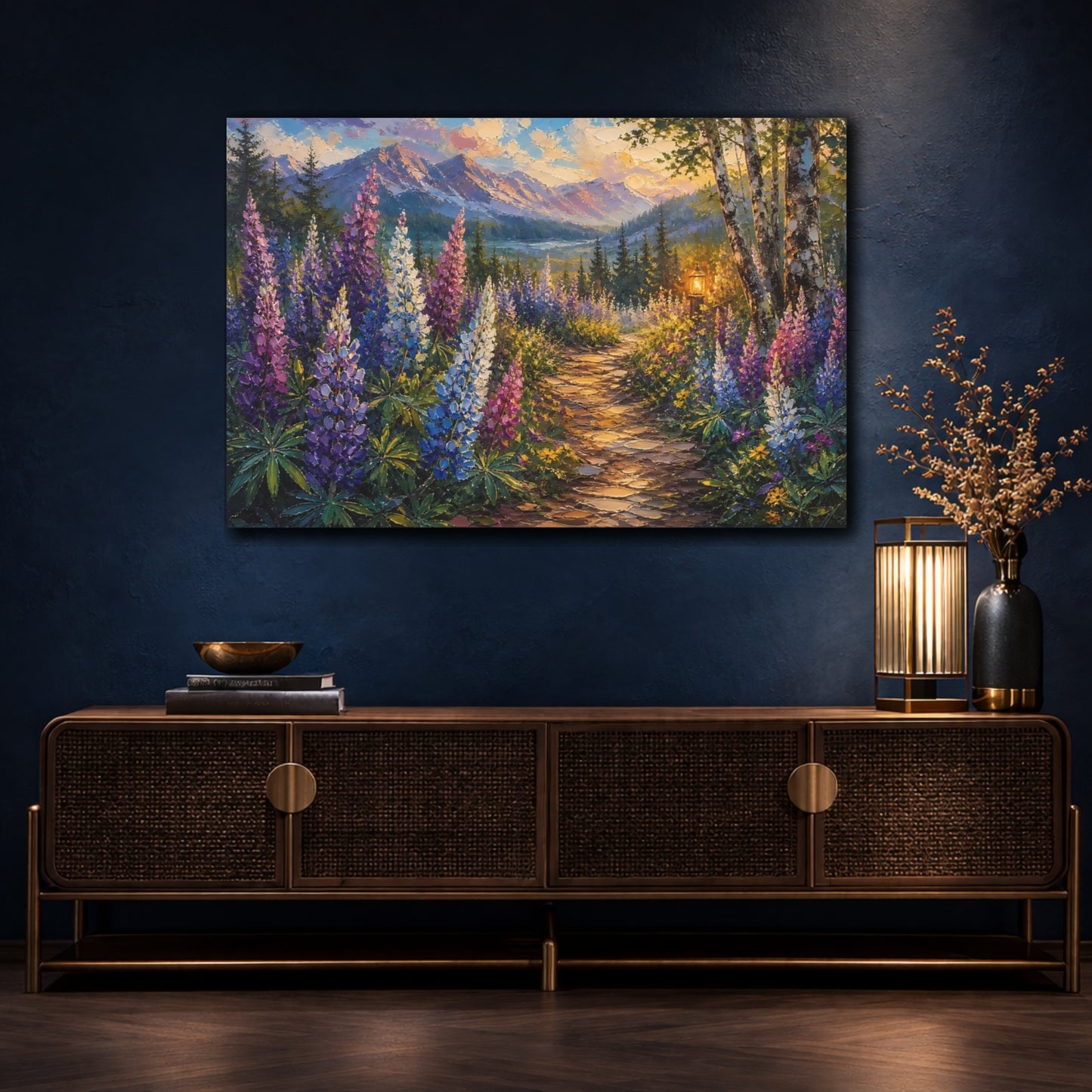 Mockup 4. Expressive Impasto Painting Mountain Lupines Along Woodland Path Near Candle Glow shown as stretched canvas wall art