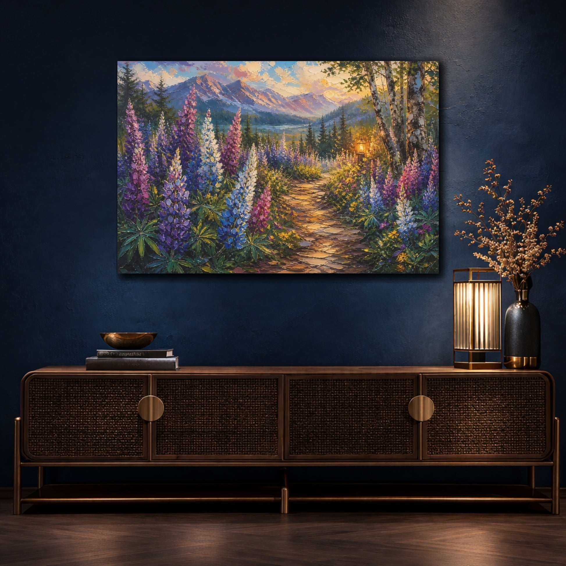 Mockup 4. Expressive Impasto Painting Mountain Lupines Along Woodland Path Near Candle Glow shown as stretched canvas wall art