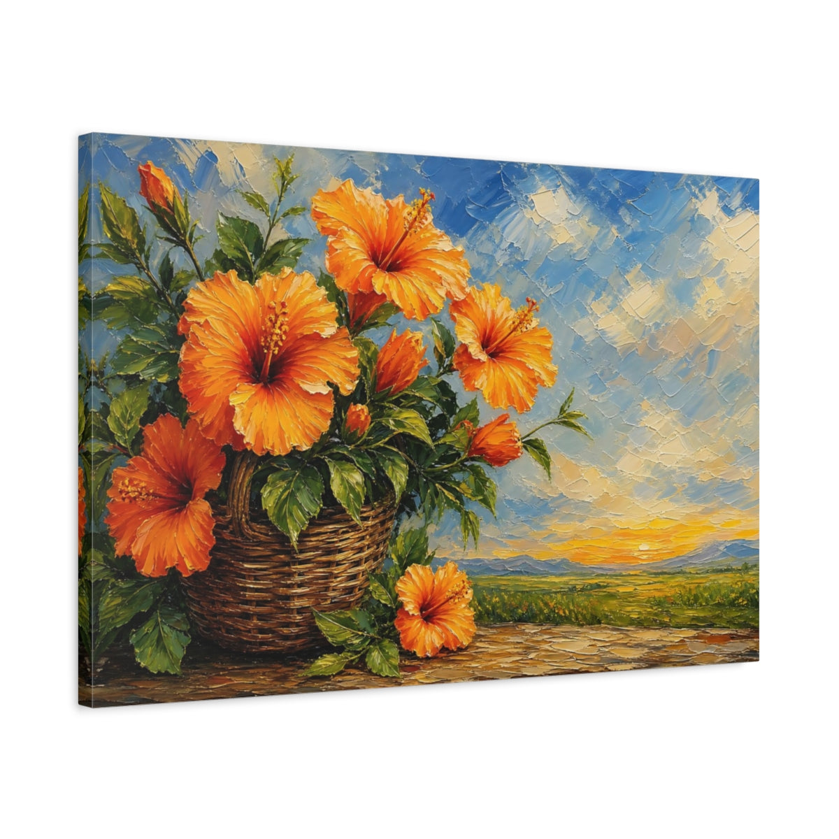 Side Mockup 2. Expressive Impasto Painting Orange Hibiscus With Woven Basket Near Green Leaves shown as stretched canvas wall art