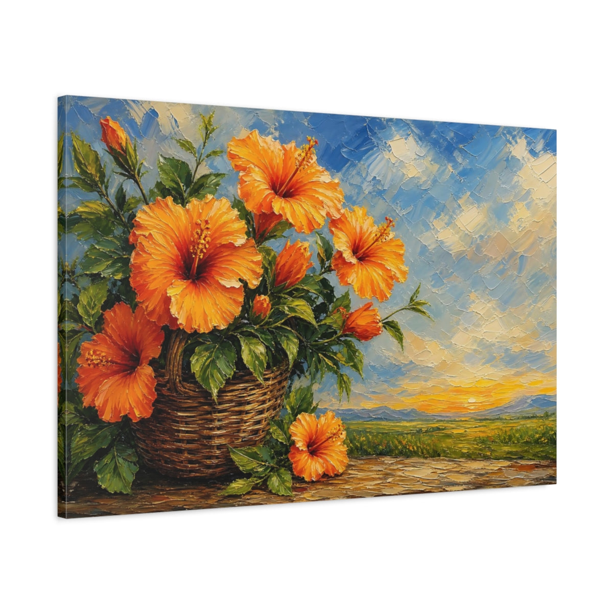 Main Mockup. Expressive Impasto Painting Orange Hibiscus With Woven Basket Near Green Leaves shown as stretched canvas wall art