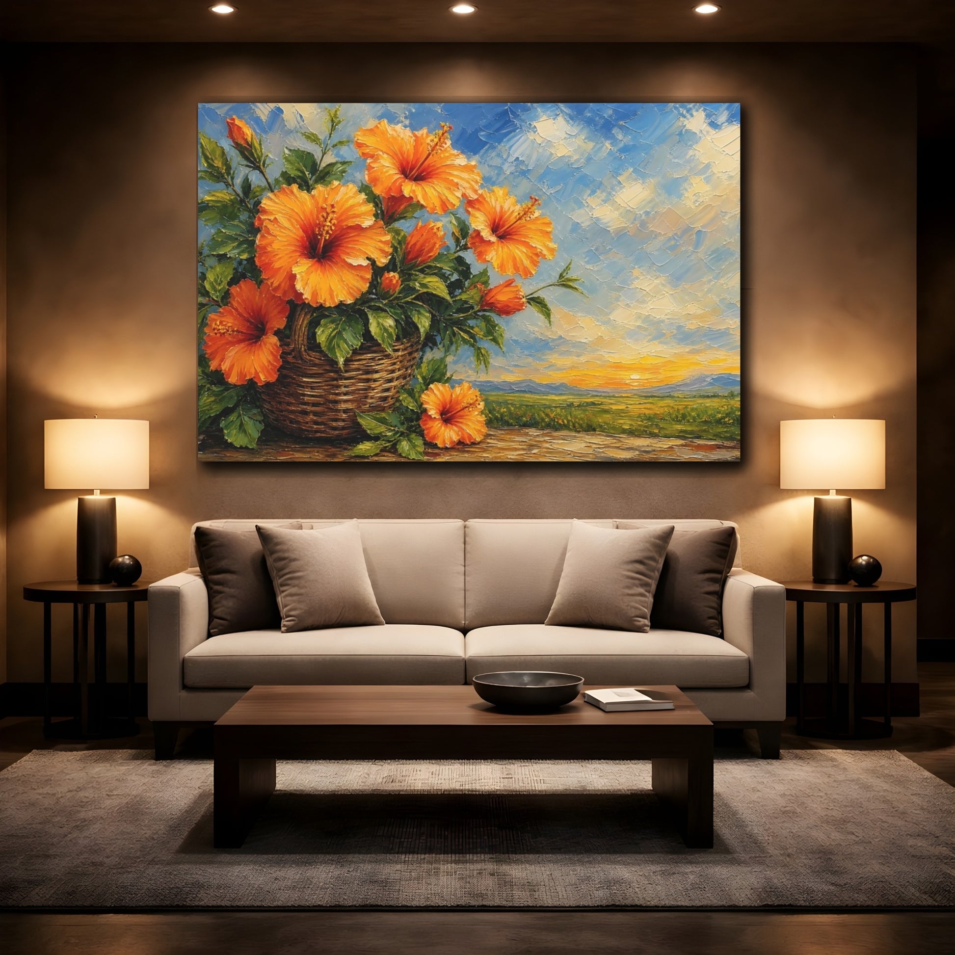 Mockup 2. Expressive Impasto Painting Orange Hibiscus With Woven Basket Near Green Leaves shown as stretched canvas wall art