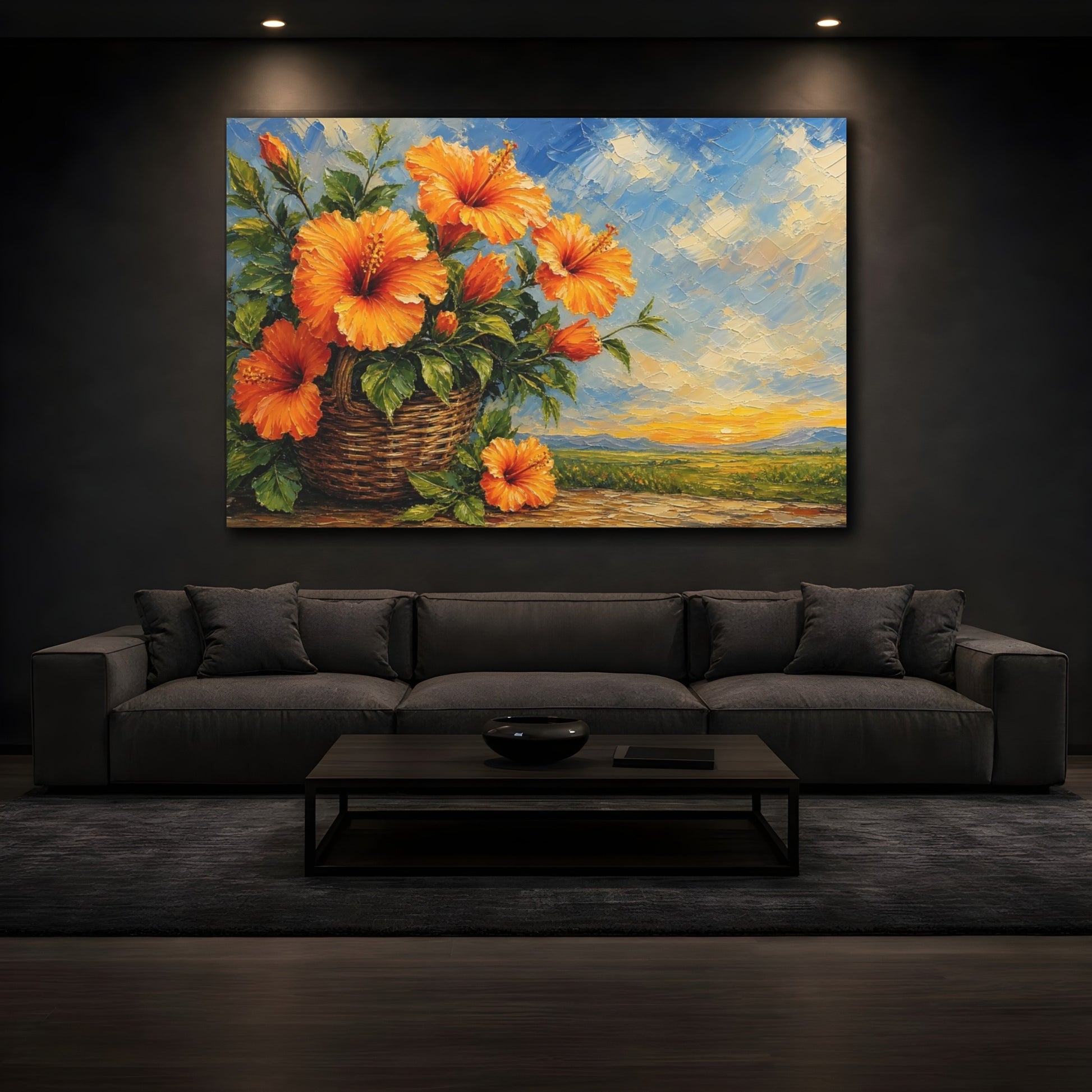 Mockup 3. Expressive Impasto Painting Orange Hibiscus With Woven Basket Near Green Leaves shown as stretched canvas wall art