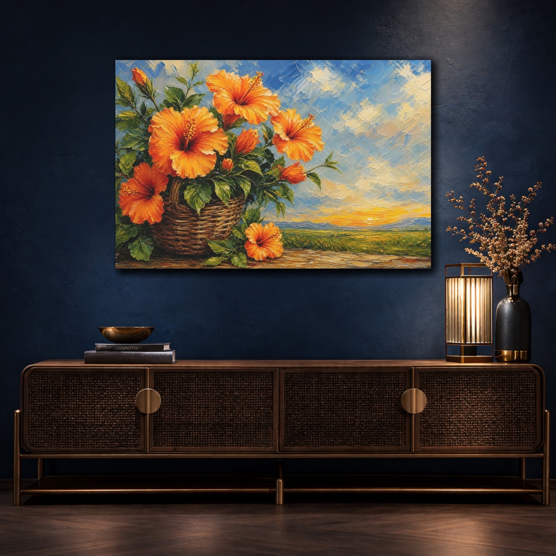 Mockup 4. Expressive Impasto Painting Orange Hibiscus With Woven Basket Near Green Leaves shown as stretched canvas wall art