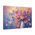 Side Mockup 4. Expressive Impasto Painting Pink And Apricot Sweet Peas Bluebells In Painted Pitcher shown as stretched canvas wall art