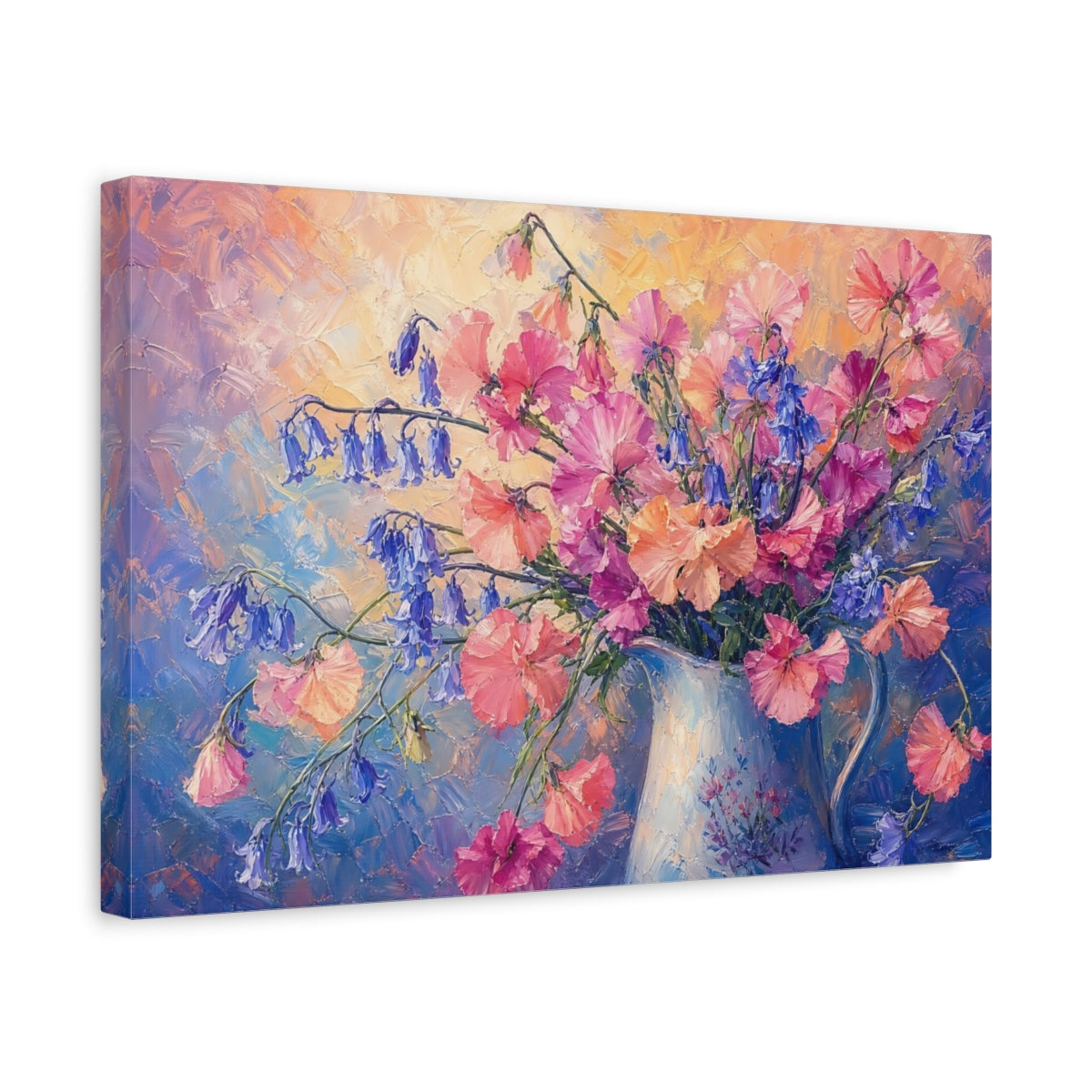 Side Mockup 4. Expressive Impasto Painting Pink And Apricot Sweet Peas Bluebells In Painted Pitcher shown as stretched canvas wall art