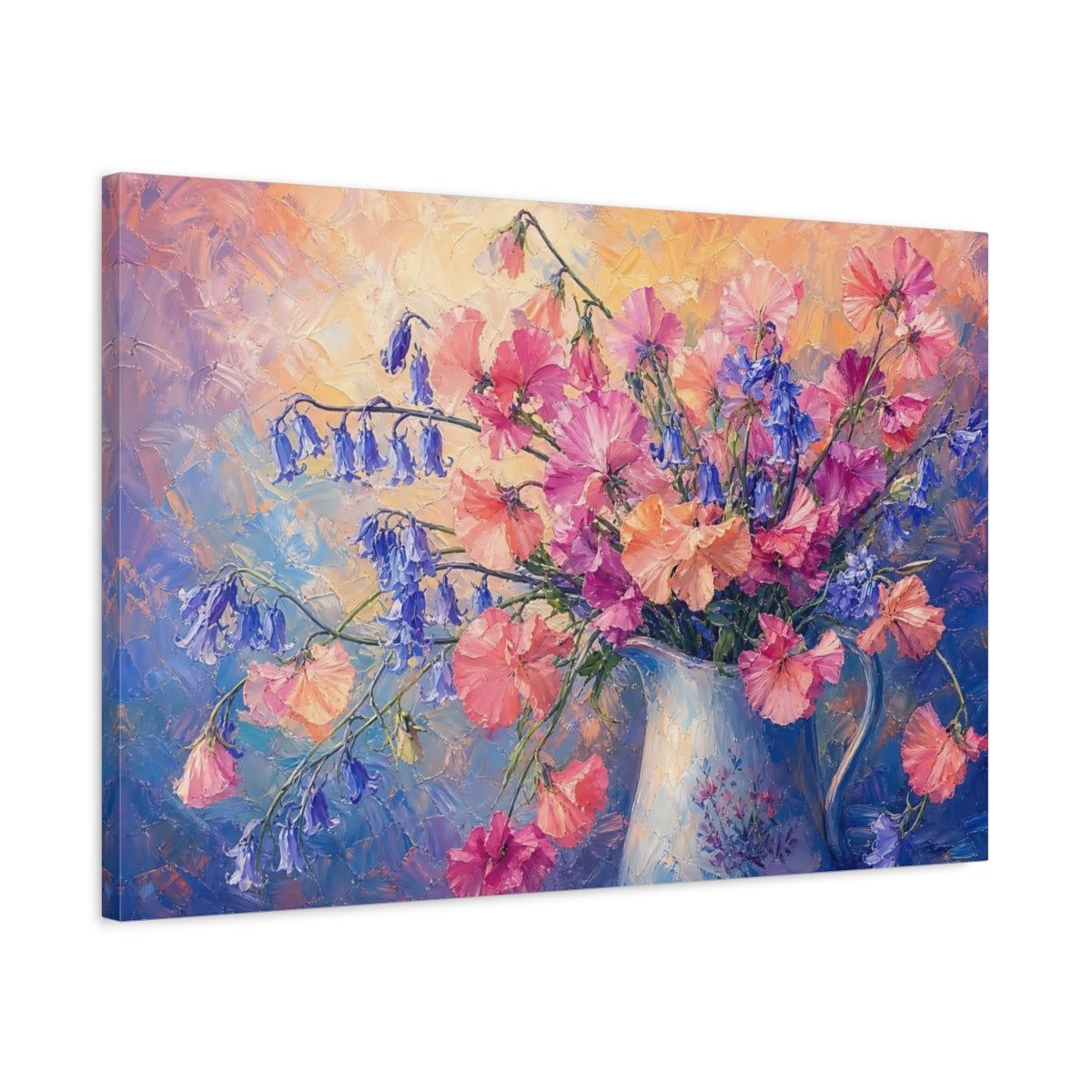 Side Mockup 2. Expressive Impasto Painting Pink And Apricot Sweet Peas Bluebells In Painted Pitcher shown as stretched canvas wall art
