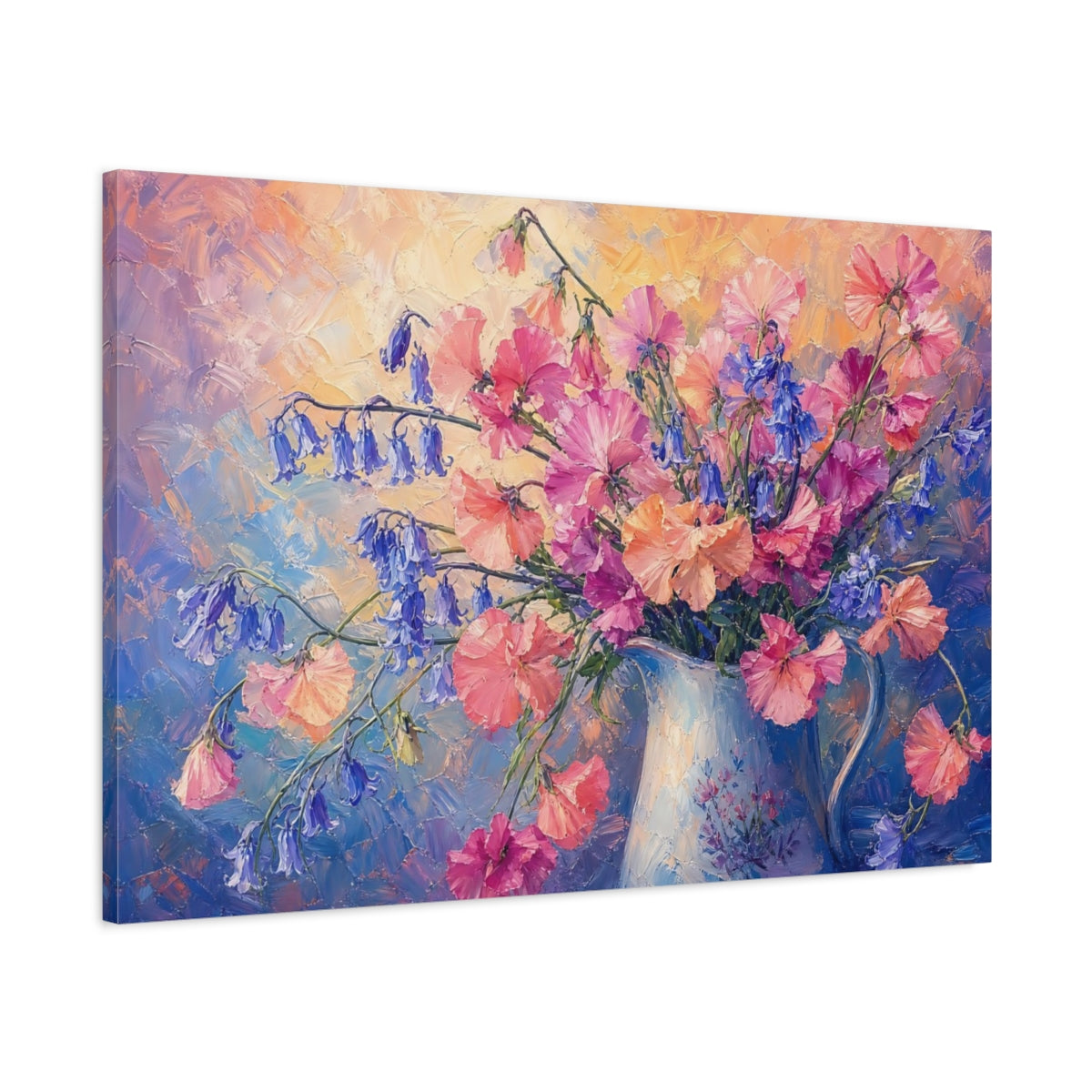 Main Mockup. Expressive Impasto Painting Pink And Apricot Sweet Peas Bluebells In Painted Pitcher shown as stretched canvas wall art