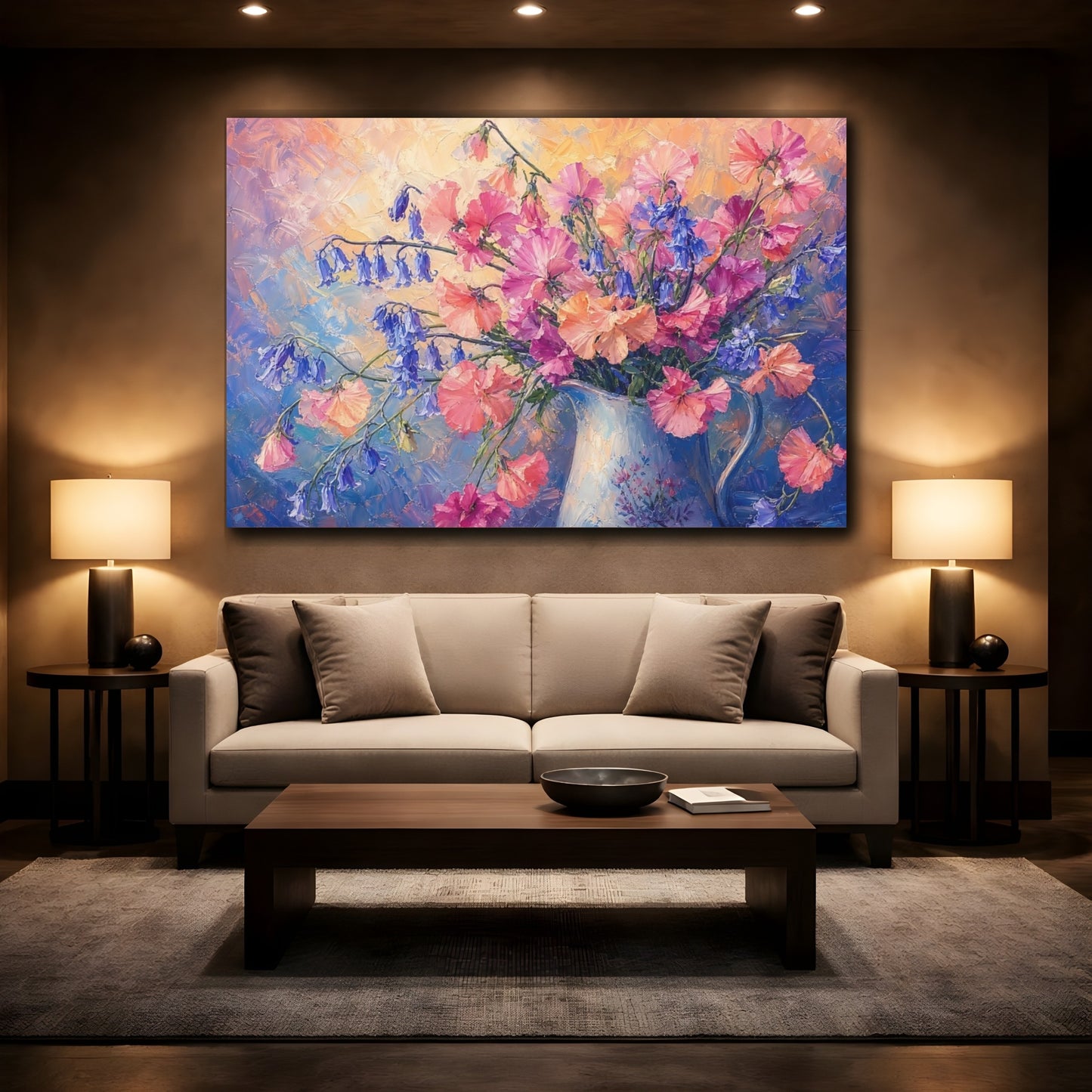 Mockup 2. Expressive Impasto Painting Pink And Apricot Sweet Peas Bluebells In Painted Pitcher shown as stretched canvas wall art
