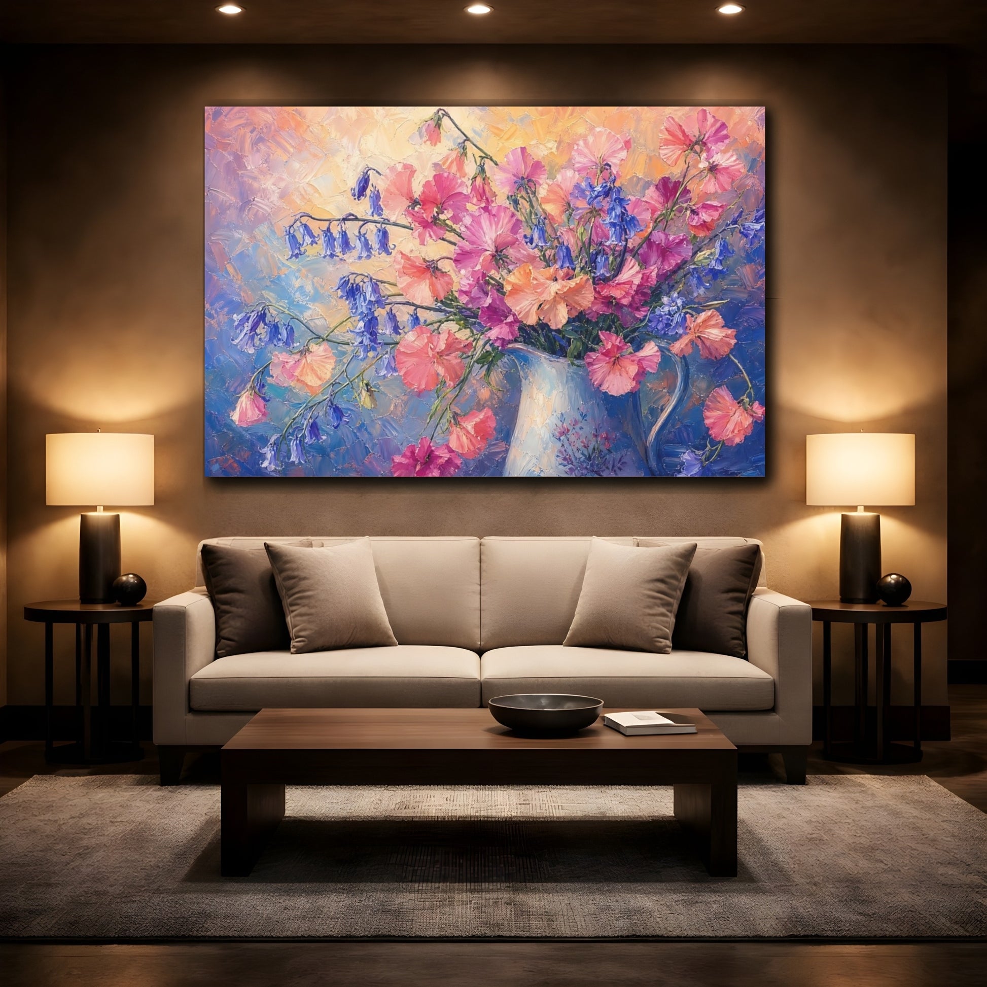 Mockup 2. Expressive Impasto Painting Pink And Apricot Sweet Peas Bluebells In Painted Pitcher shown as stretched canvas wall art