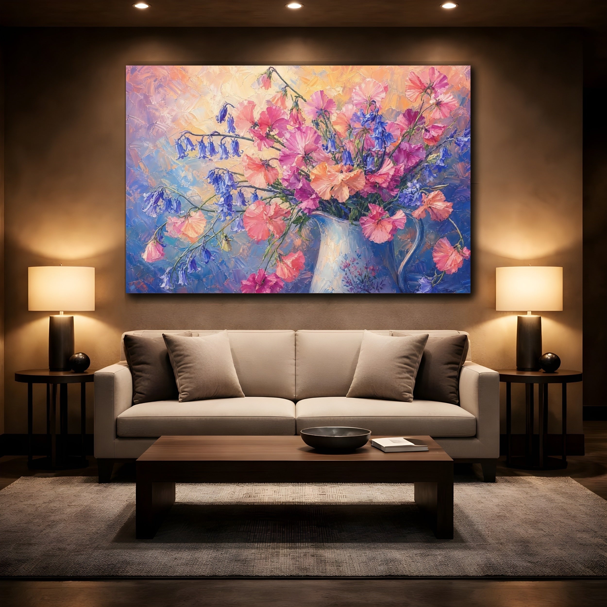 Mockup 2. Expressive Impasto Painting Pink And Apricot Sweet Peas Bluebells In Painted Pitcher shown as stretched canvas wall art