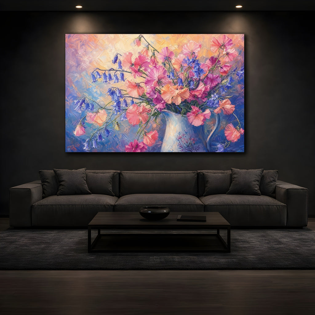 Mockup 3. Expressive Impasto Painting Pink And Apricot Sweet Peas Bluebells In Painted Pitcher shown as stretched canvas wall art