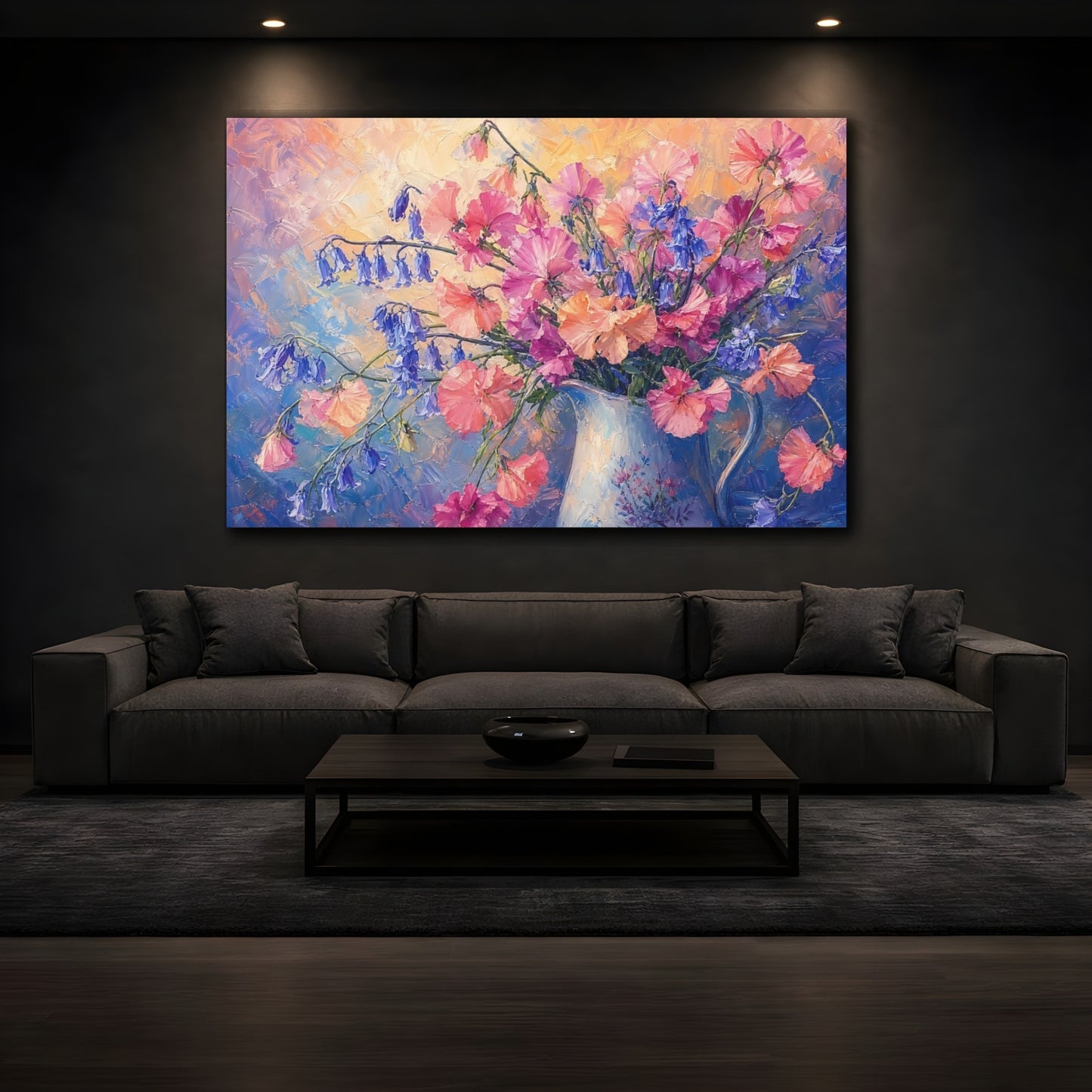 Mockup 3. Expressive Impasto Painting Pink And Apricot Sweet Peas Bluebells In Painted Pitcher shown as stretched canvas wall art