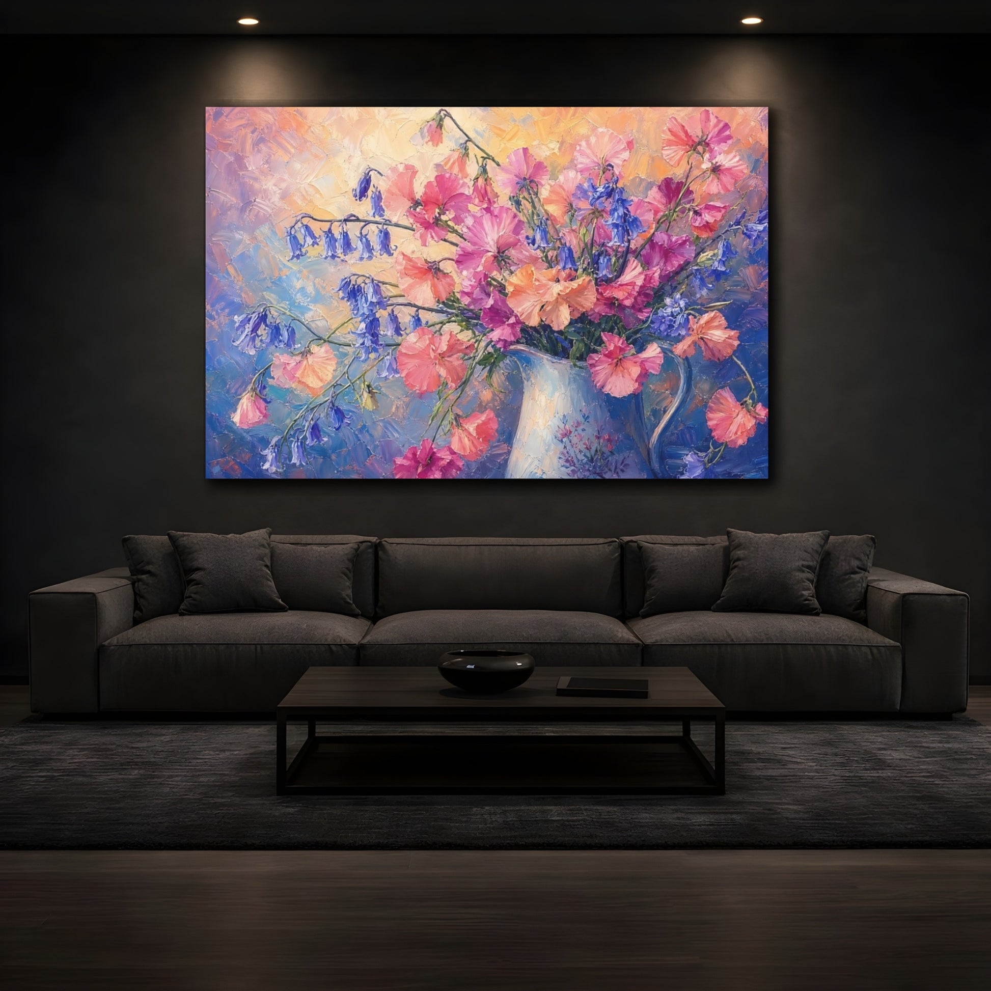 Mockup 3. Expressive Impasto Painting Pink And Apricot Sweet Peas Bluebells In Painted Pitcher shown as stretched canvas wall art