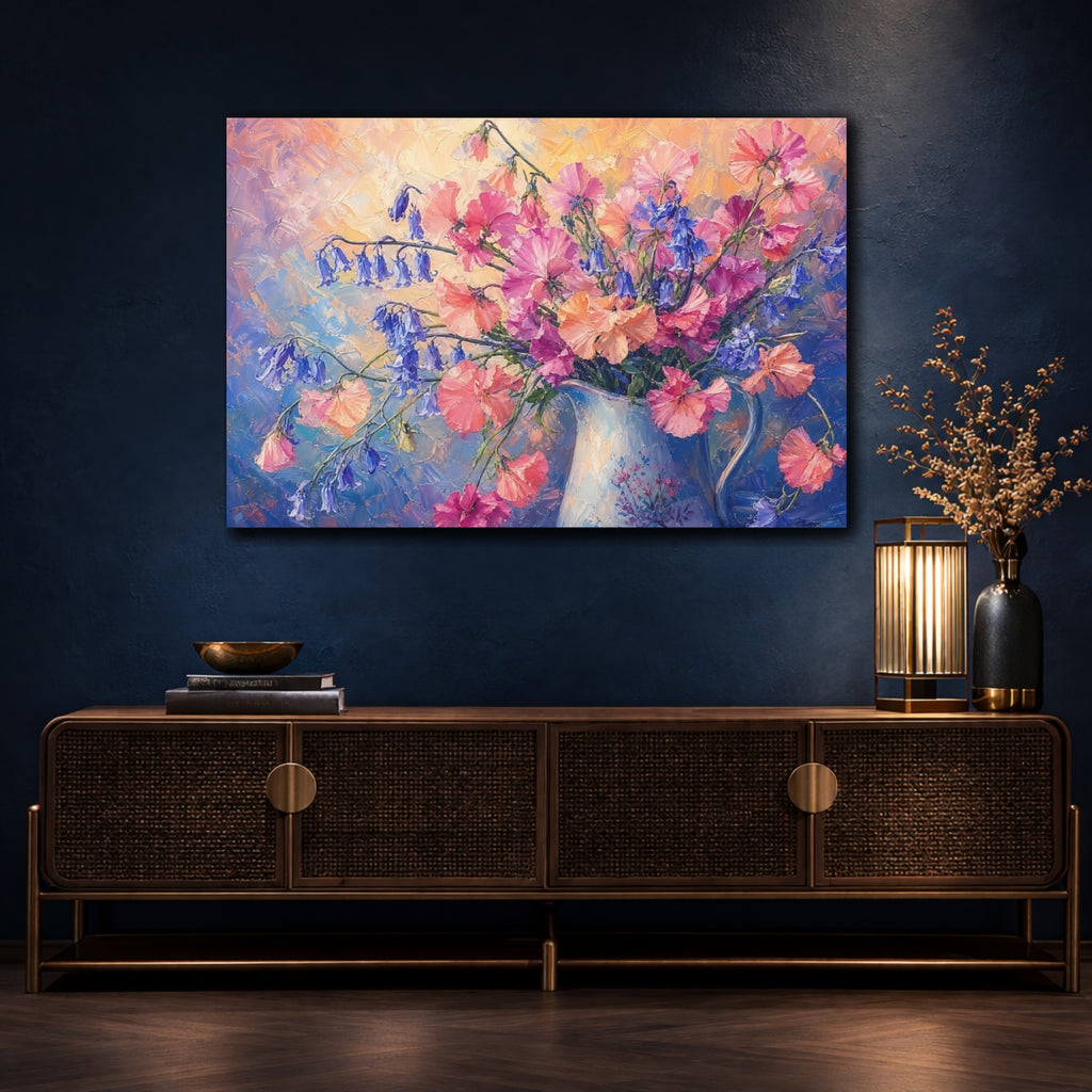 Mockup 4. Expressive Impasto Painting Pink And Apricot Sweet Peas Bluebells In Painted Pitcher shown as stretched canvas wall art