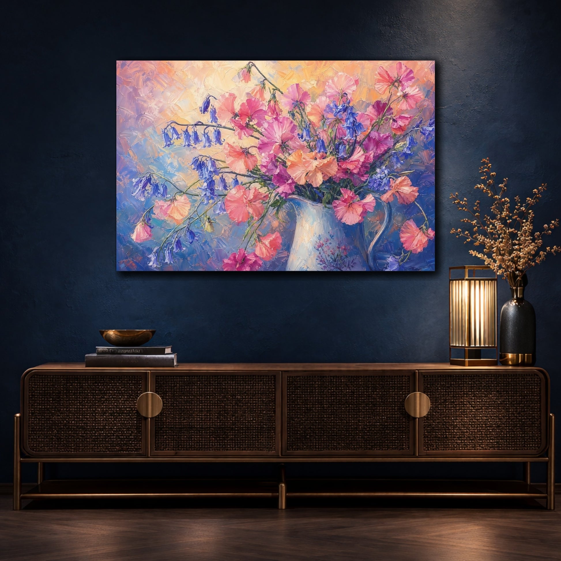 Mockup 4. Expressive Impasto Painting Pink And Apricot Sweet Peas Bluebells In Painted Pitcher shown as stretched canvas wall art
