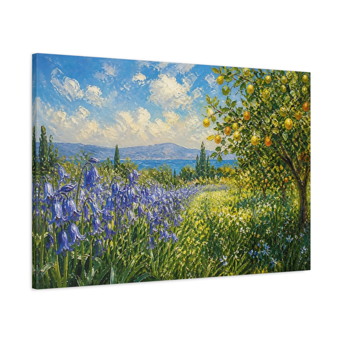 Main Mockup. Expressive Impasto Painting Row Of Lilac Bluebells Beside Citrus Grove shown as stretched canvas wall art