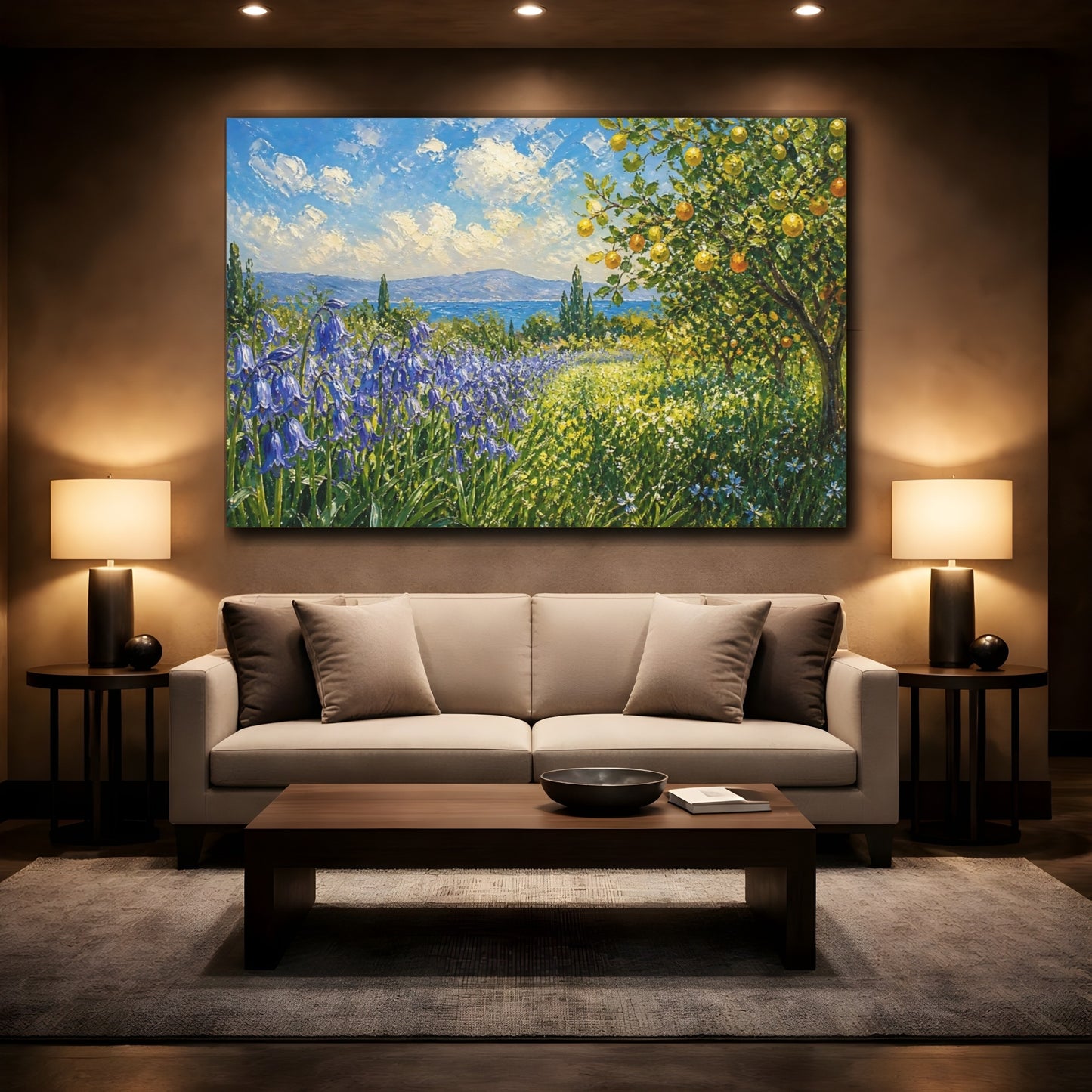 Mockup 2. Expressive Impasto Painting Row Of Lilac Bluebells Beside Citrus Grove shown as stretched canvas wall art