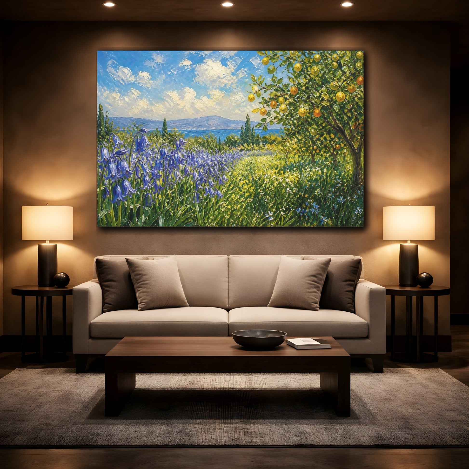 Mockup 2. Expressive Impasto Painting Row Of Lilac Bluebells Beside Citrus Grove shown as stretched canvas wall art
