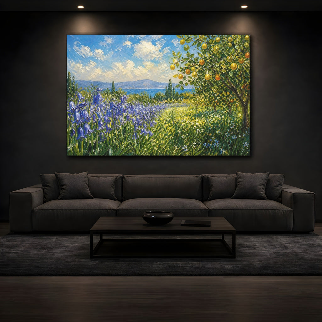 Mockup 3. Expressive Impasto Painting Row Of Lilac Bluebells Beside Citrus Grove shown as stretched canvas wall art