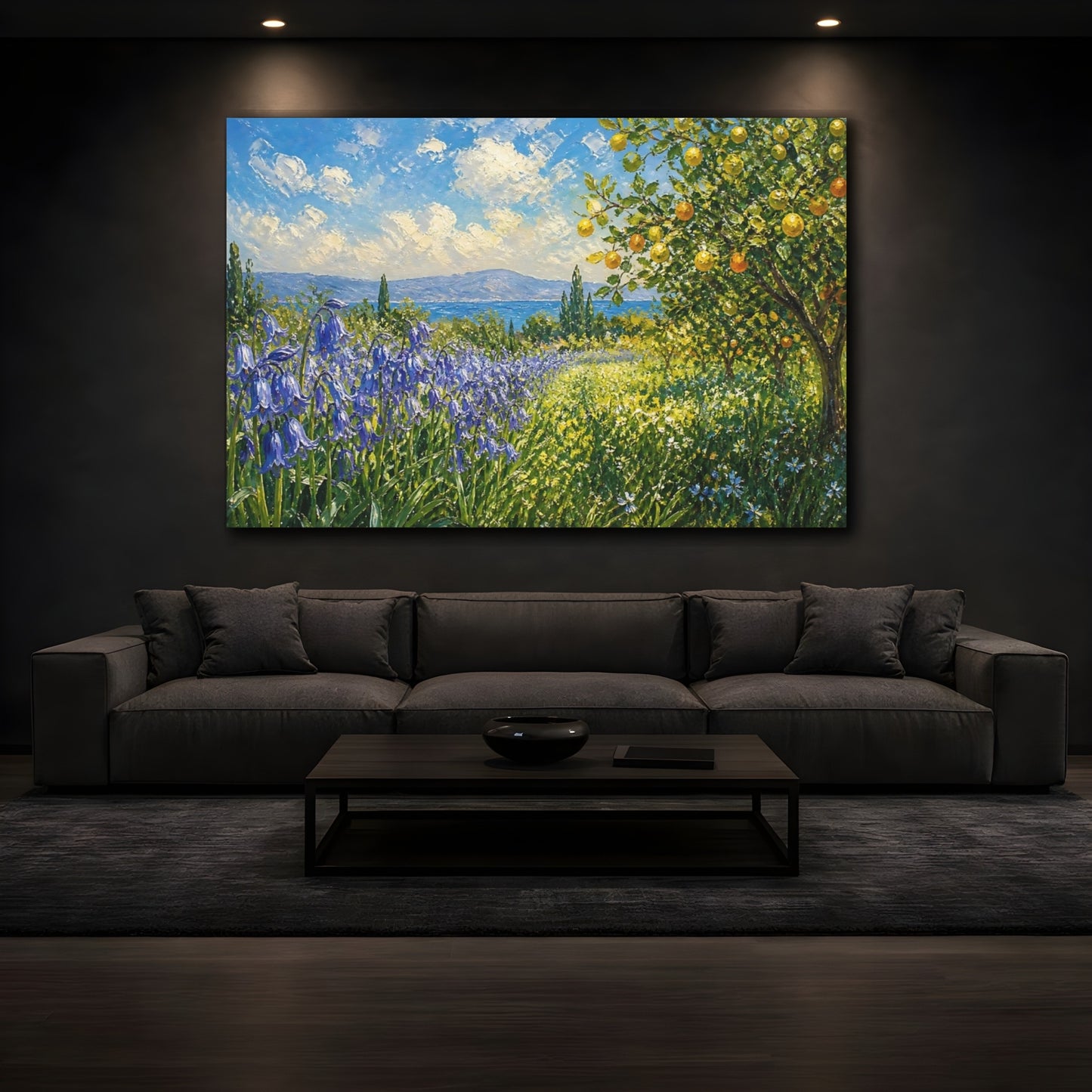 Mockup 3. Expressive Impasto Painting Row Of Lilac Bluebells Beside Citrus Grove shown as stretched canvas wall art