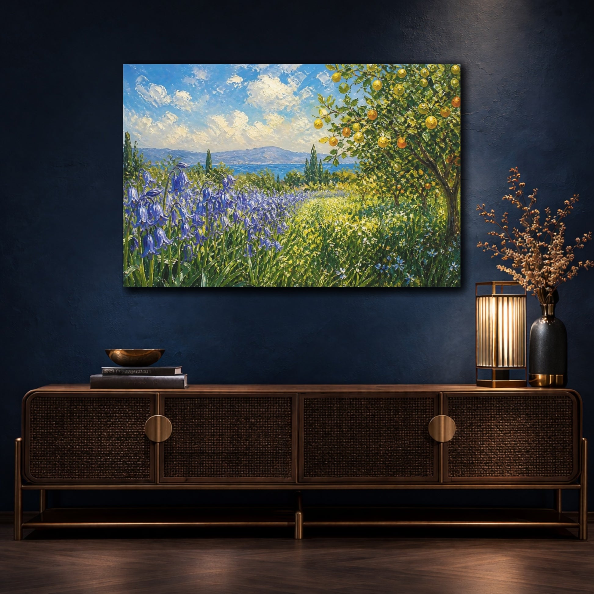 Mockup 4. Expressive Impasto Painting Row Of Lilac Bluebells Beside Citrus Grove shown as stretched canvas wall art