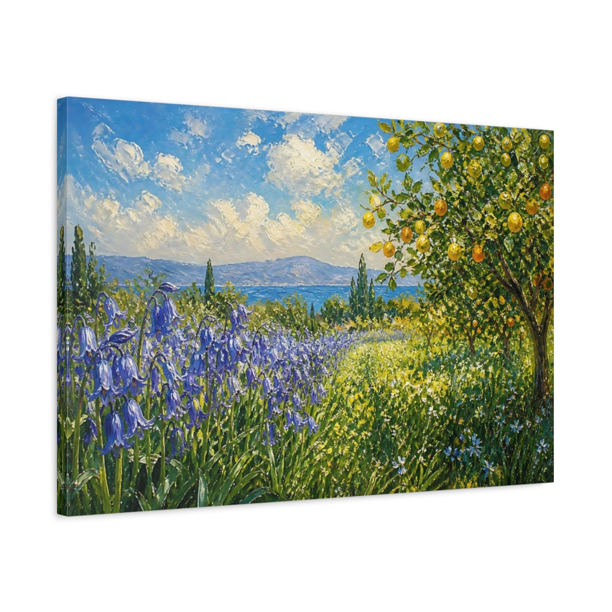 Side Mockup 2. Expressive Impasto Painting Row Of Lilac Bluebells Beside Citrus Grove shown as stretched canvas wall art