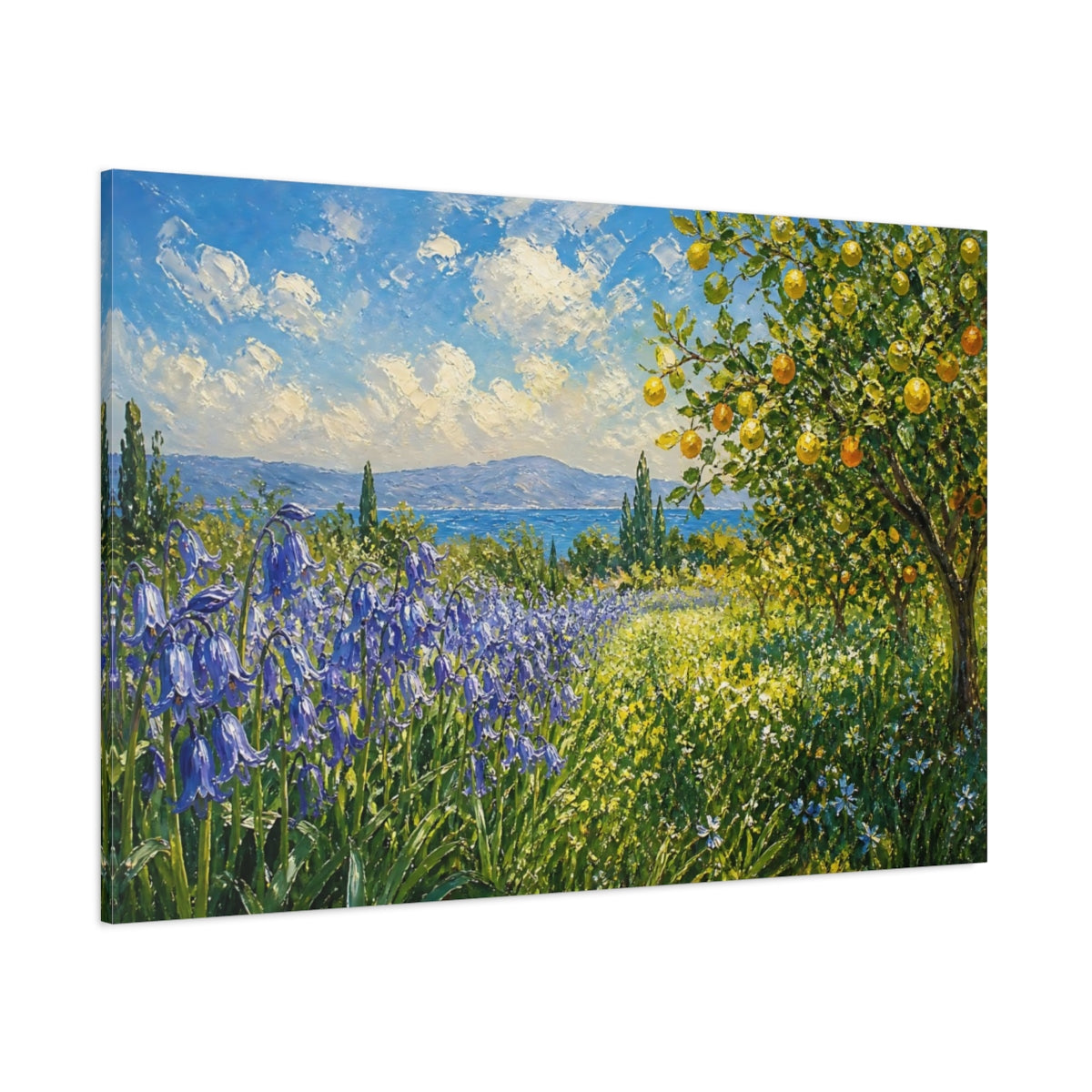 Side Mockup 1. Expressive Impasto Painting Row Of Lilac Bluebells Beside Citrus Grove shown as stretched canvas wall art