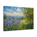 Side Mockup 4. Expressive Impasto Painting Row Of Lilac Bluebells Beside Citrus Grove shown as stretched canvas wall art