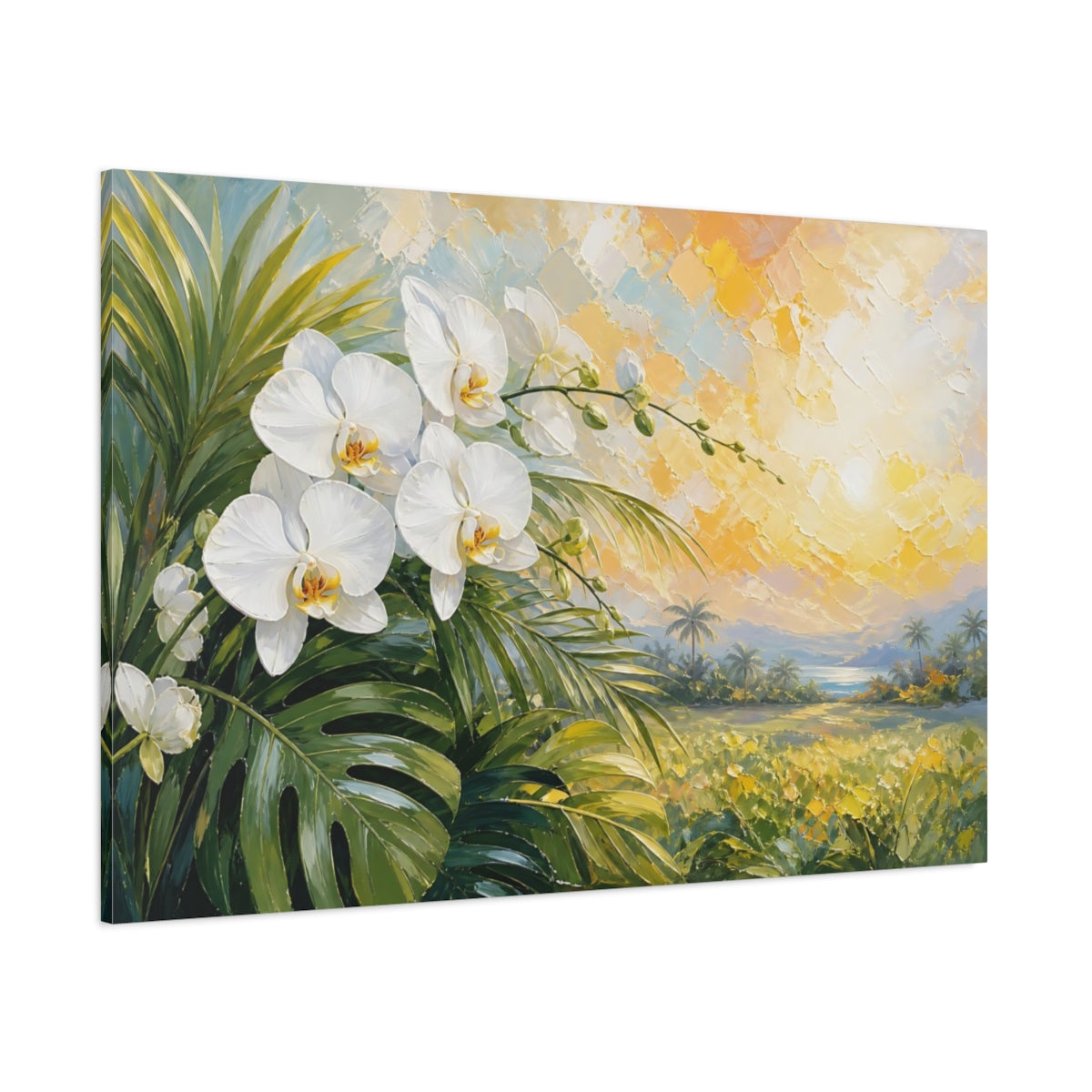 Side Mockup 1. Expressive Impasto Painting White Orchids Beside Tropical Leaves Under Warm Sunlight shown as stretched canvas wall art