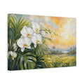 Side Mockup 4. Expressive Impasto Painting White Orchids Beside Tropical Leaves Under Warm Sunlight shown as stretched canvas wall art