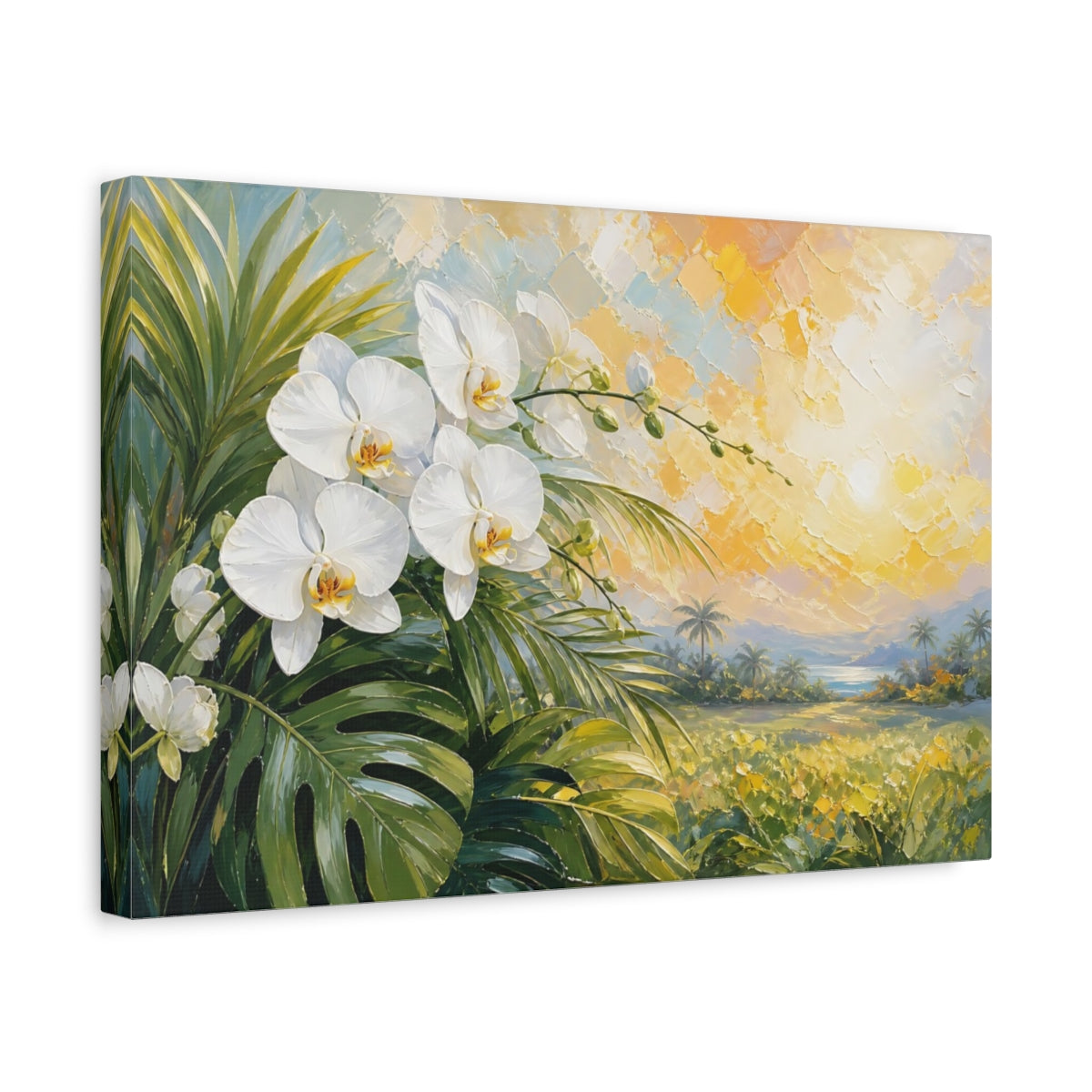 Side Mockup 4. Expressive Impasto Painting White Orchids Beside Tropical Leaves Under Warm Sunlight shown as stretched canvas wall art