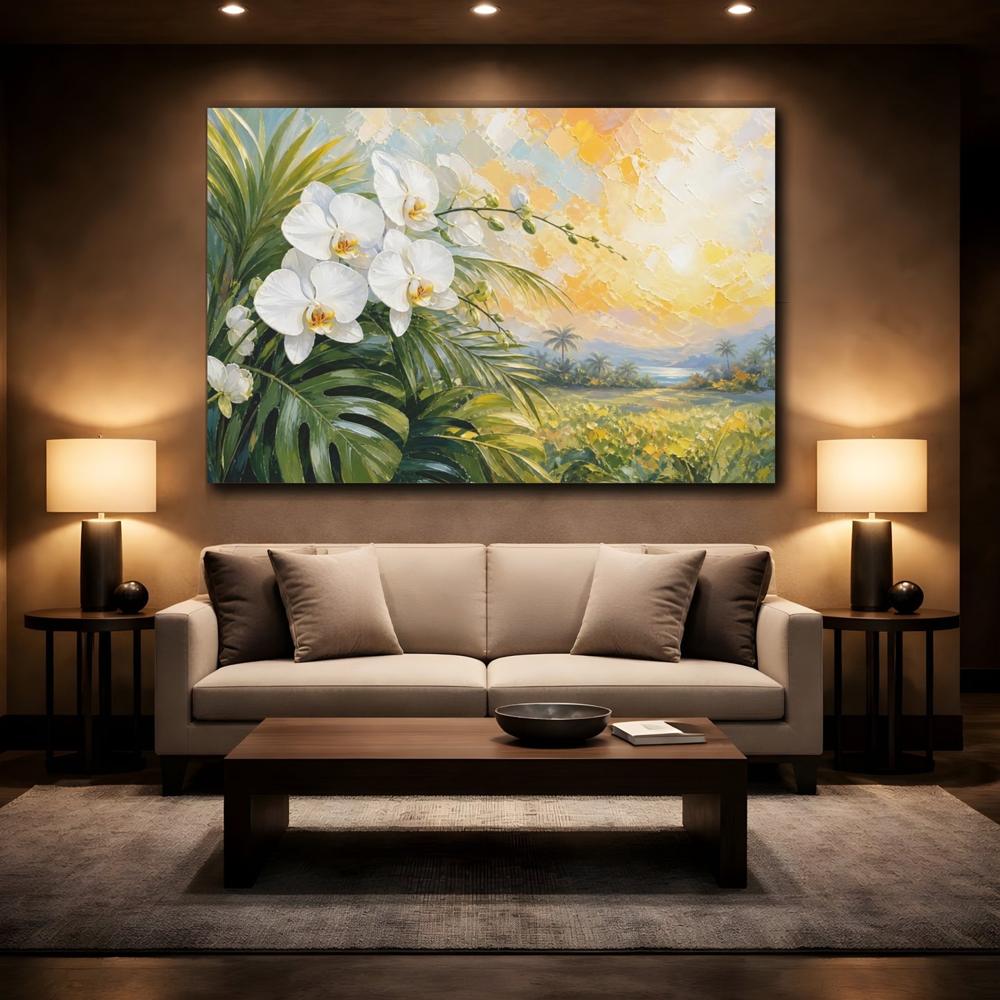 Mockup 2. Expressive Impasto Painting White Orchids Beside Tropical Leaves Under Warm Sunlight shown as stretched canvas wall art