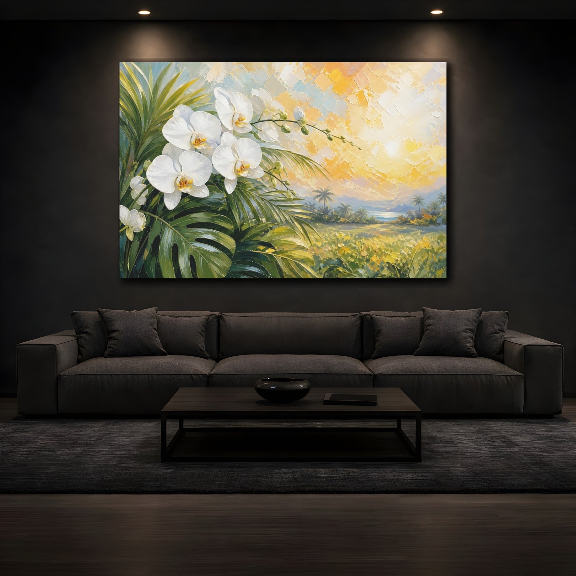 Mockup 3. Expressive Impasto Painting White Orchids Beside Tropical Leaves Under Warm Sunlight shown as stretched canvas wall art