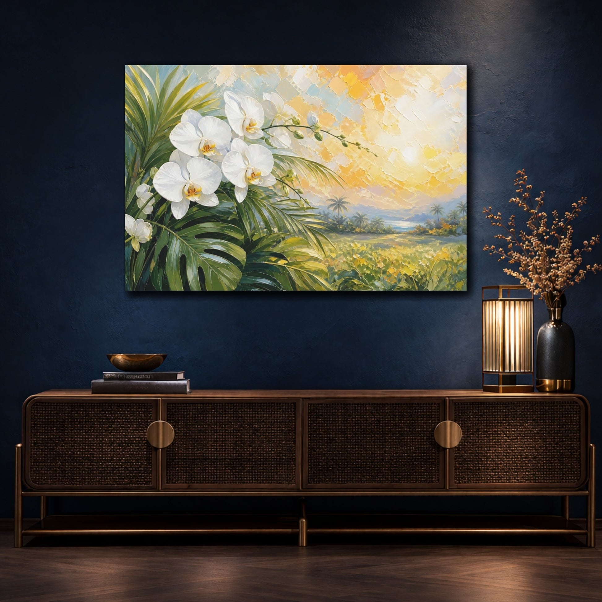 Mockup 4. Expressive Impasto Painting White Orchids Beside Tropical Leaves Under Warm Sunlight shown as stretched canvas wall art
