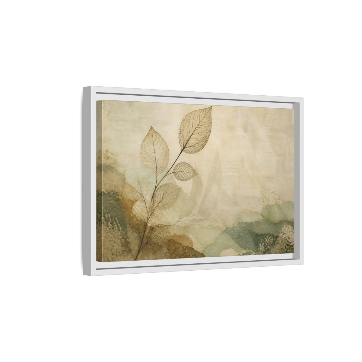 Side Mockup 4. Faded Leaf On Linen shown as framed canvas print