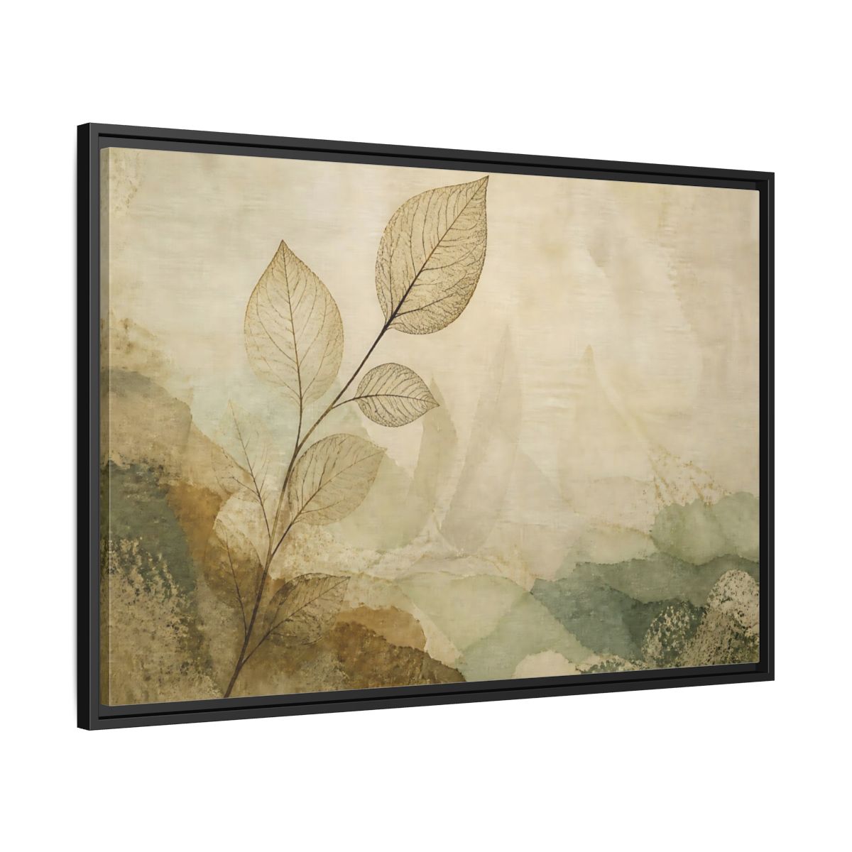 Side Mockup 13. Faded Leaf On Linen shown as framed canvas print