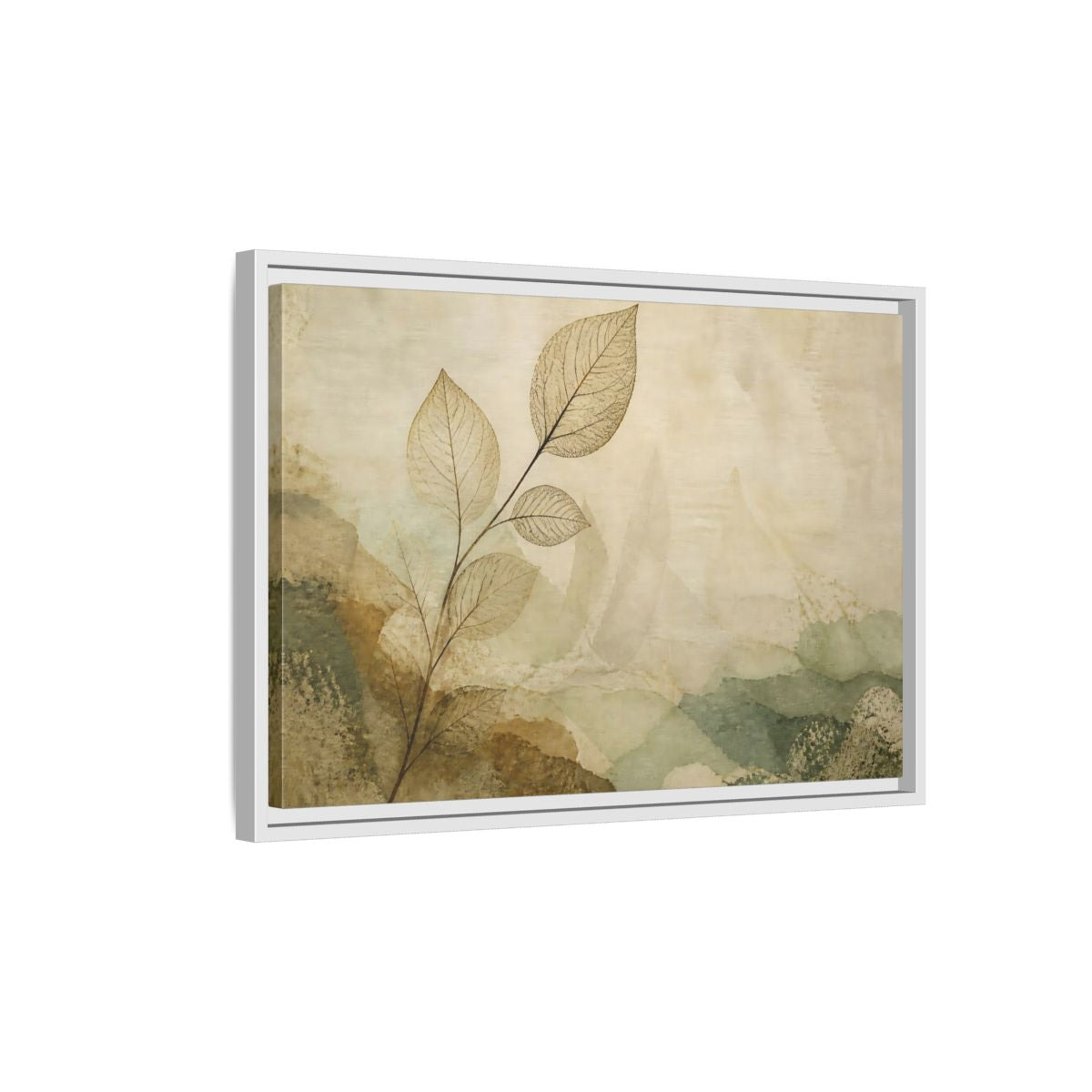 Side Mockup 1. Faded Leaf On Linen shown as framed canvas print