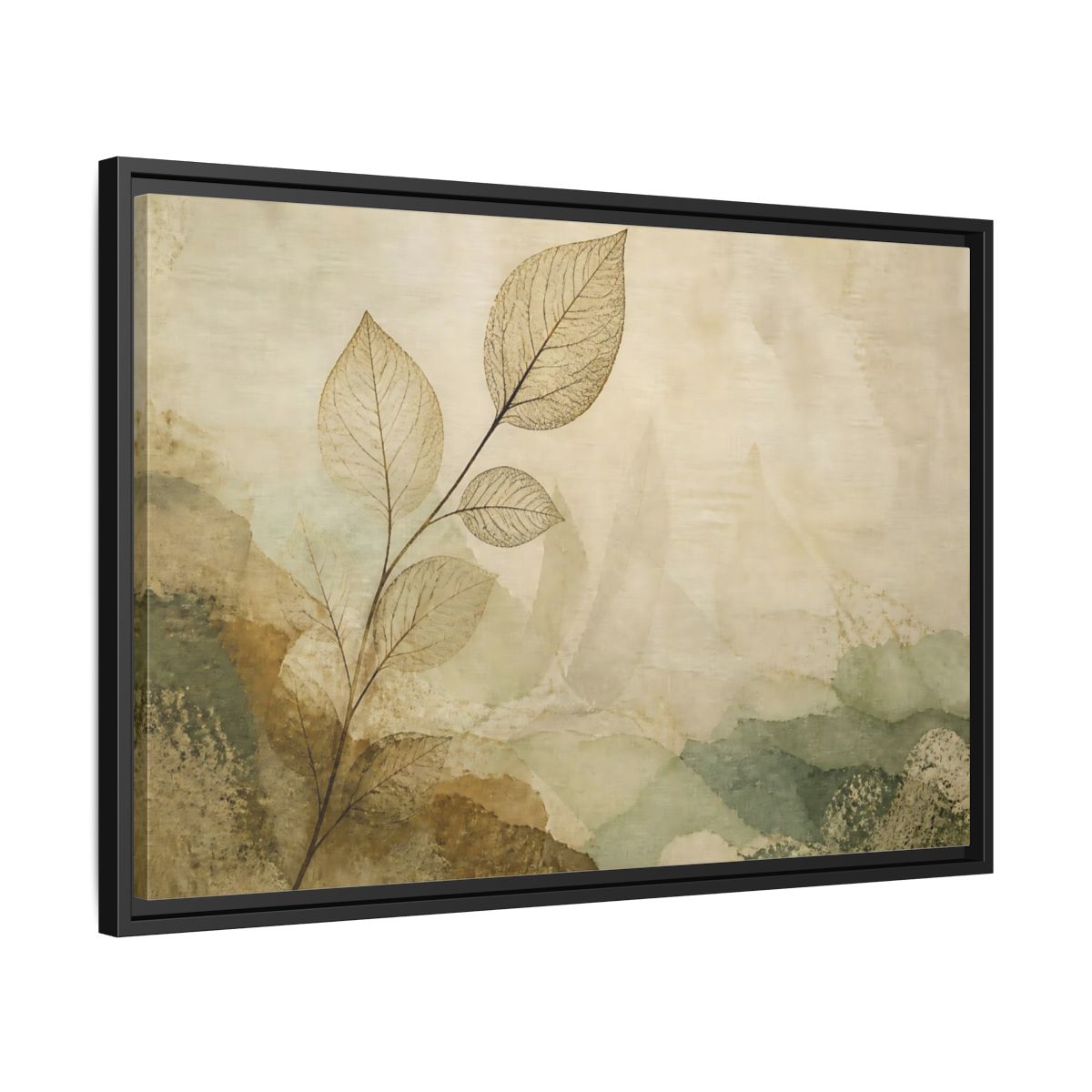 Side Mockup 14. Faded Leaf On Linen shown as framed canvas print