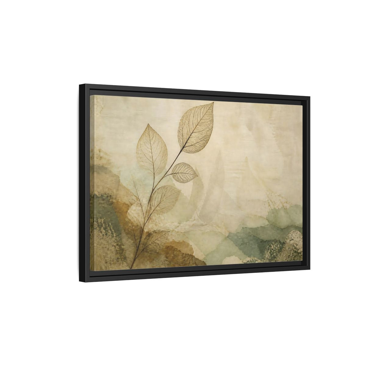 Side Mockup 3. Faded Leaf On Linen shown as framed canvas print