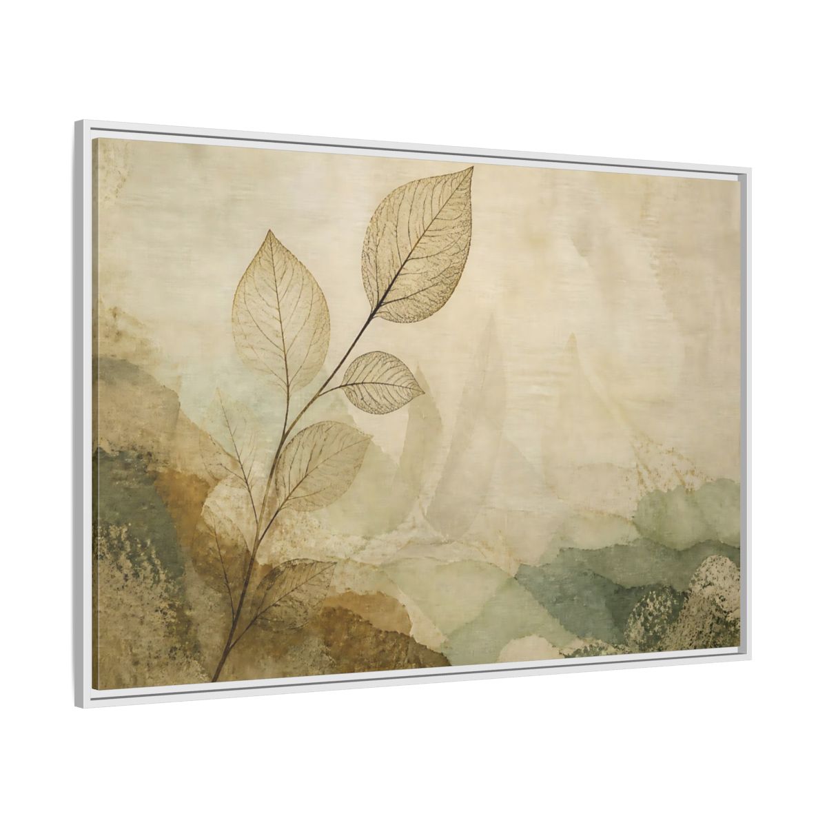 Side Mockup 7. Faded Leaf On Linen shown as framed canvas print