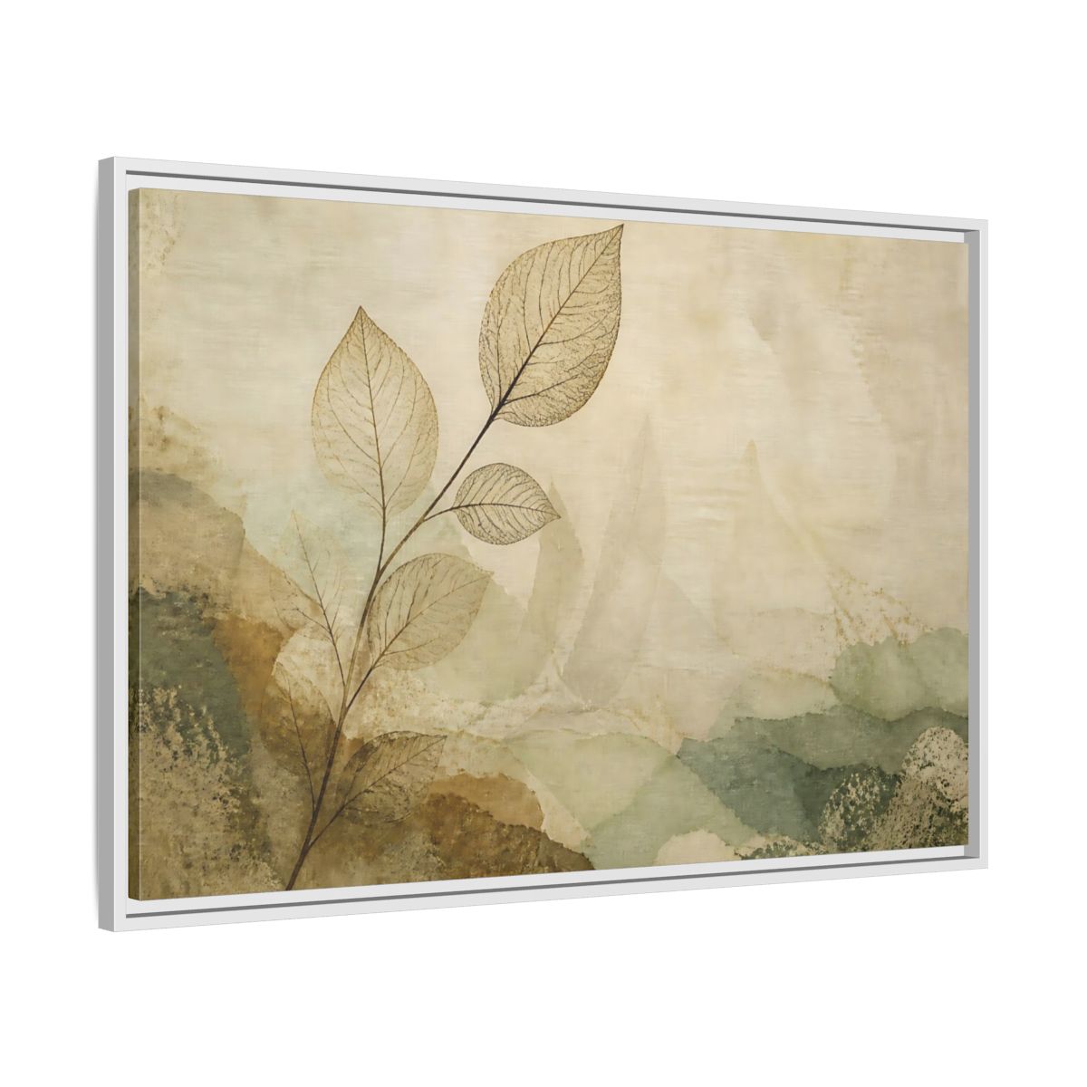 Side Mockup 9. Faded Leaf On Linen shown as framed canvas print