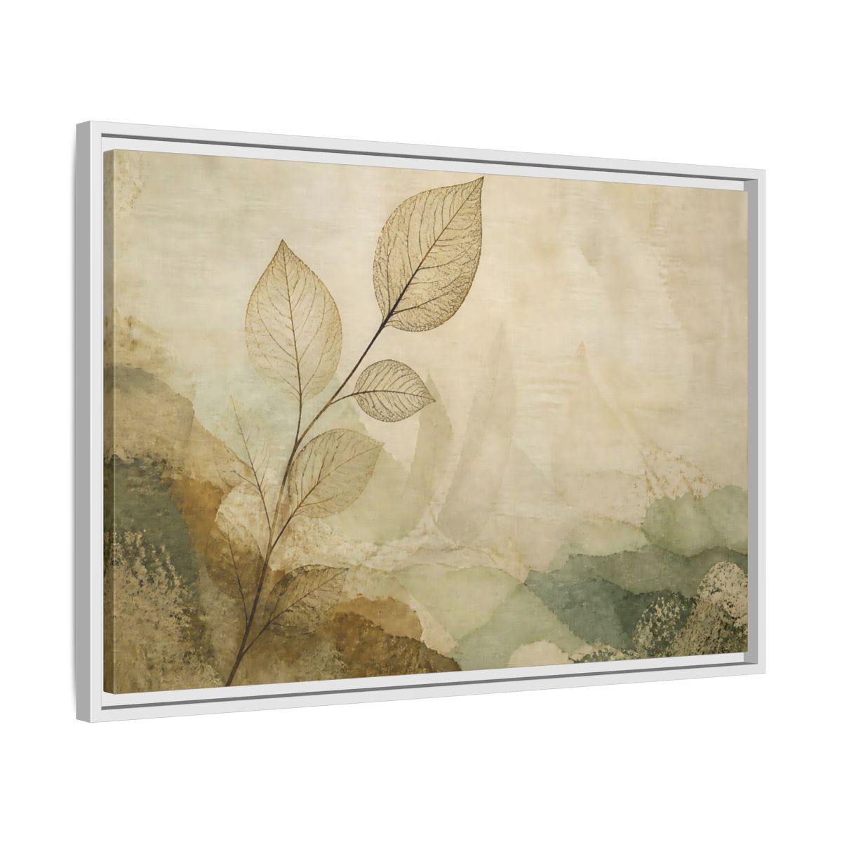 Side Mockup 10. Faded Leaf On Linen shown as framed canvas print