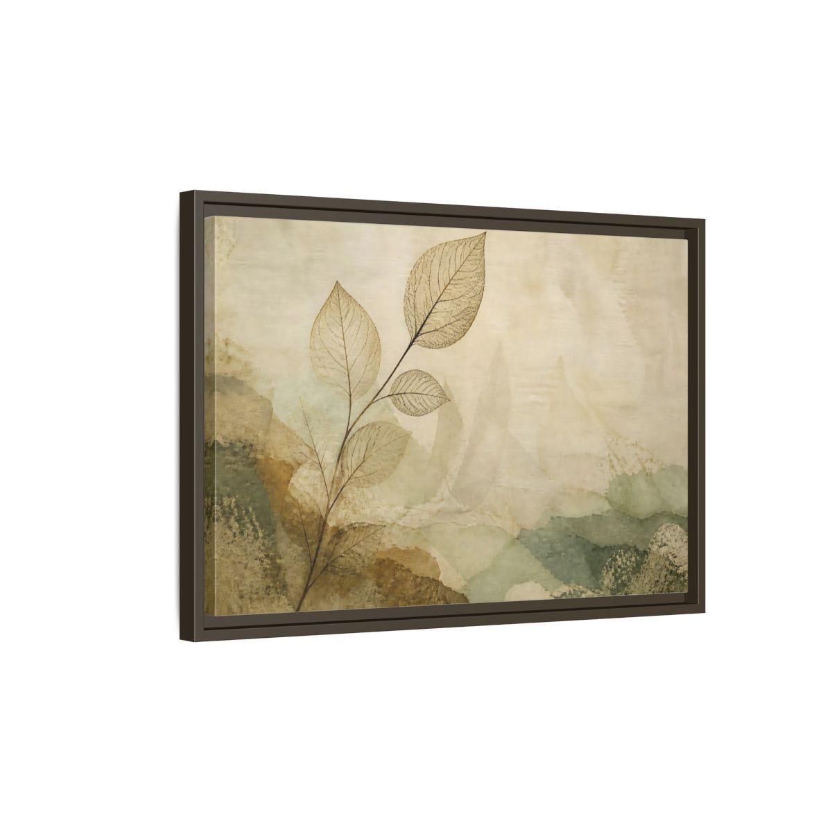 Side Mockup 2. Faded Leaf On Linen shown as framed canvas print