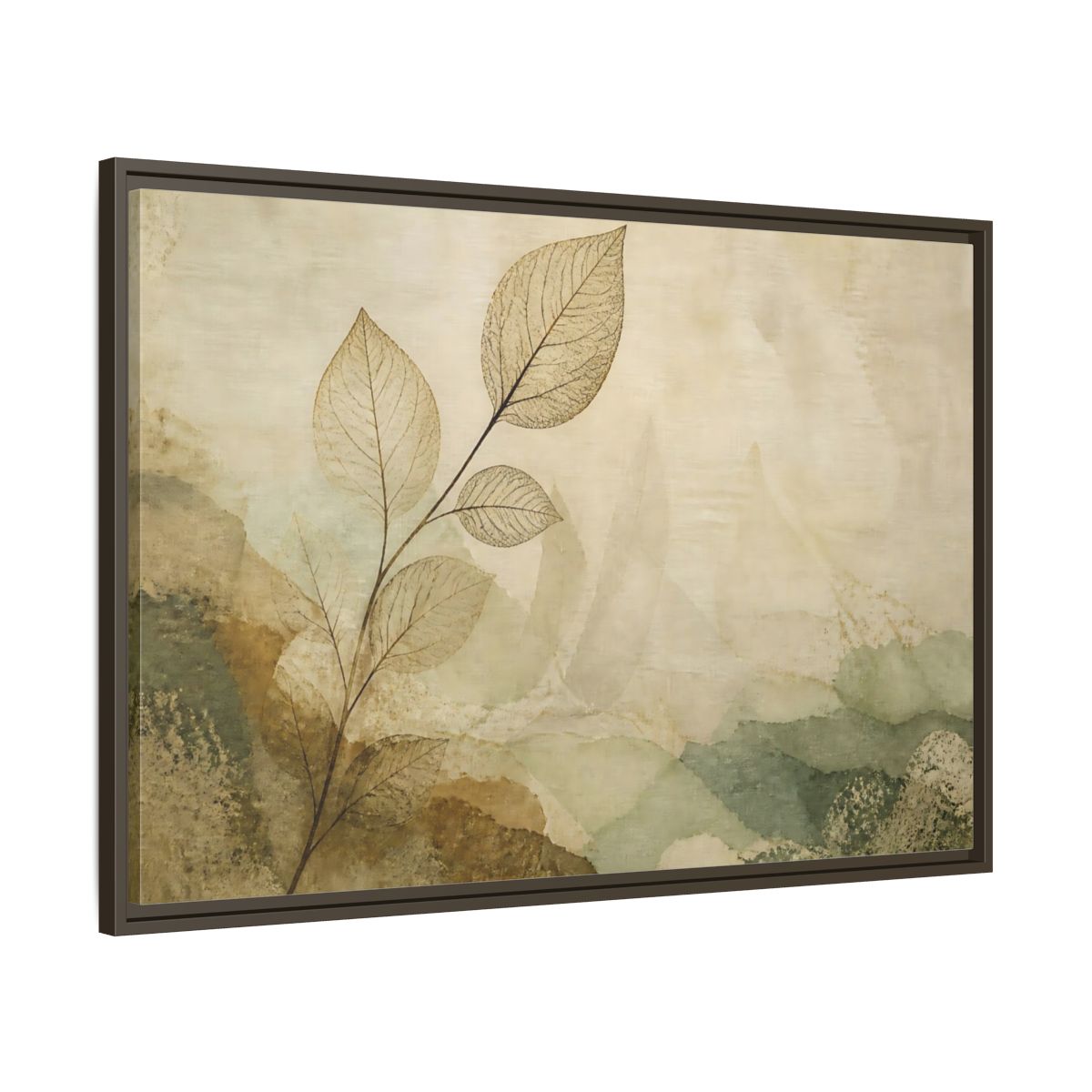 Main Mockup. Faded Leaf On Linen shown as framed canvas print